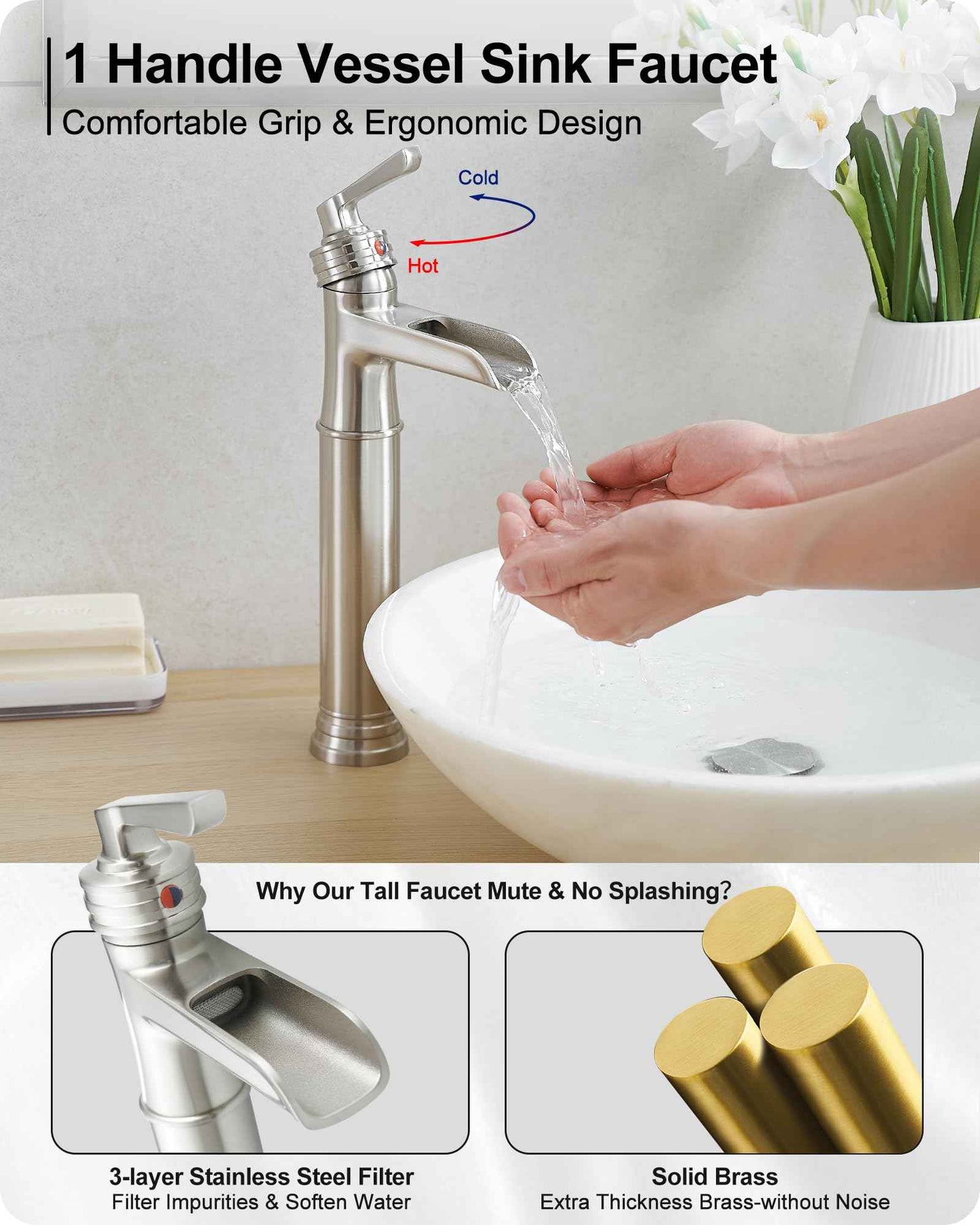 HEYMYTAP Brass Vessel Sink Faucet Brushed Nickel Waterfall Bathroom Faucet Tall 1 Hole, Single Handle with Pop-up Drain & Water Hoses for Bathroom Vanity Vessel Sink