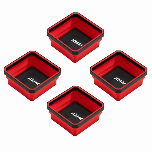 AMM Magnetic Tray, 4 PC Foldable Magnetic Tool Tray Set for Bolts Screws Nuts & Small Metal Parts, Mechanic Tool Present for Men, 4.5 Inch Square (4PC, Red)