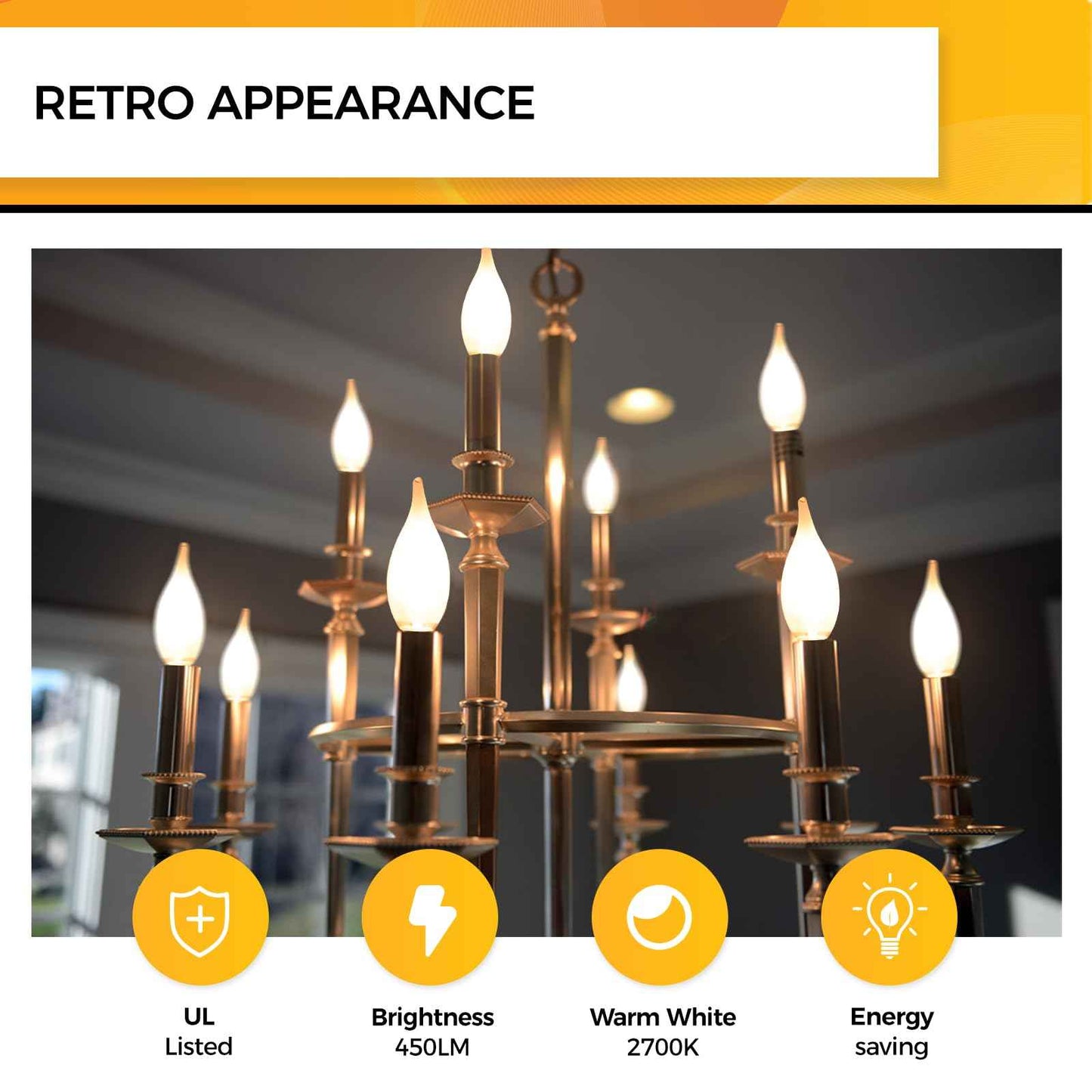 Hizashi LED Frosted Candelabra Light Bulbs, E12 LED Bulb 40W Equivalent, Dimmable, 2700K Warm White Chandelier Light Bulbs, 90+CRI, 450LM, Flame Tip CA10, UL Listed, 6 Pack