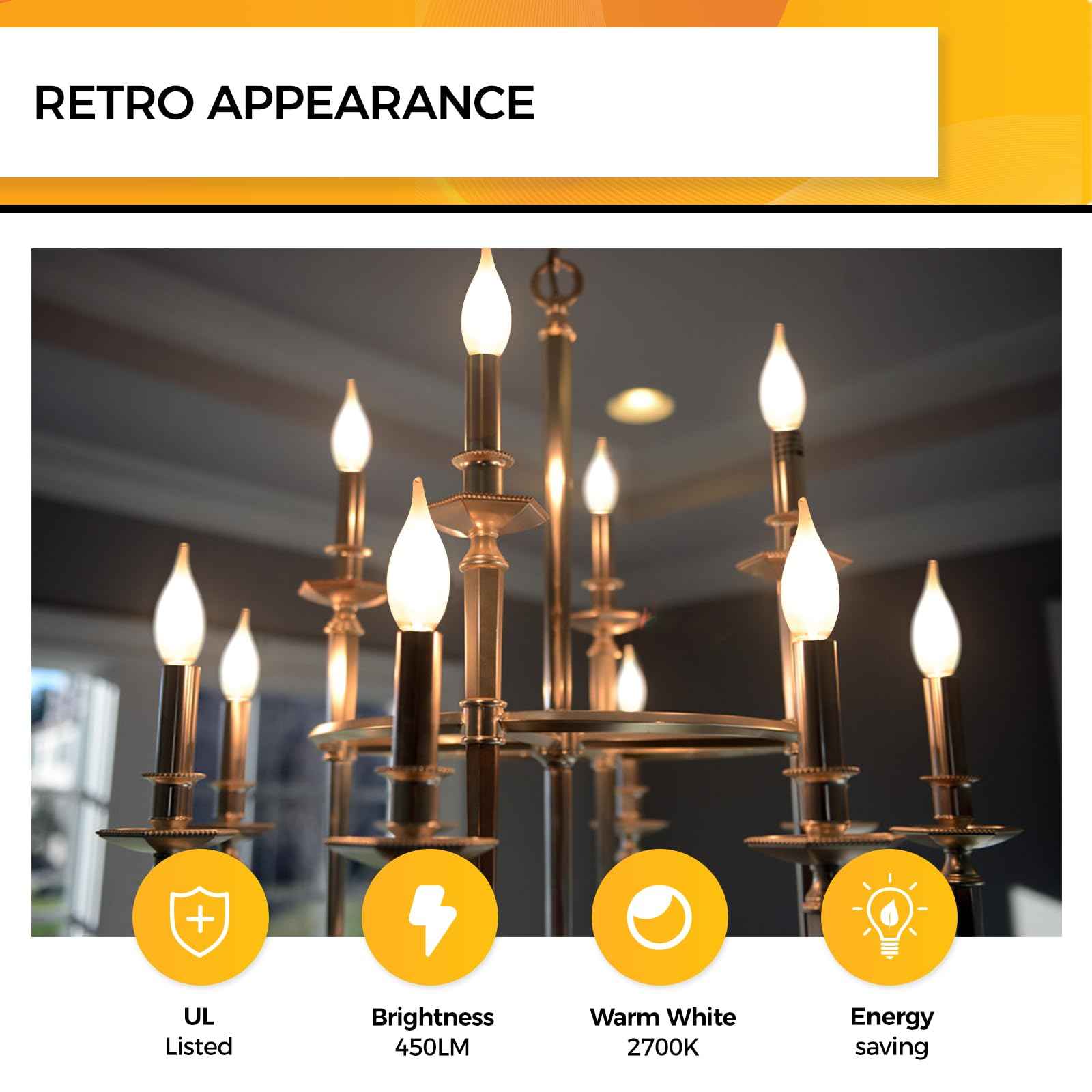 Hizashi LED Frosted Candelabra Light Bulbs, E12 LED Bulb 40W Equivalent, Dimmable, 2700K Warm White Chandelier Light Bulbs, 90+CRI, 450LM, Flame Tip CA10, UL Listed, 6 Pack