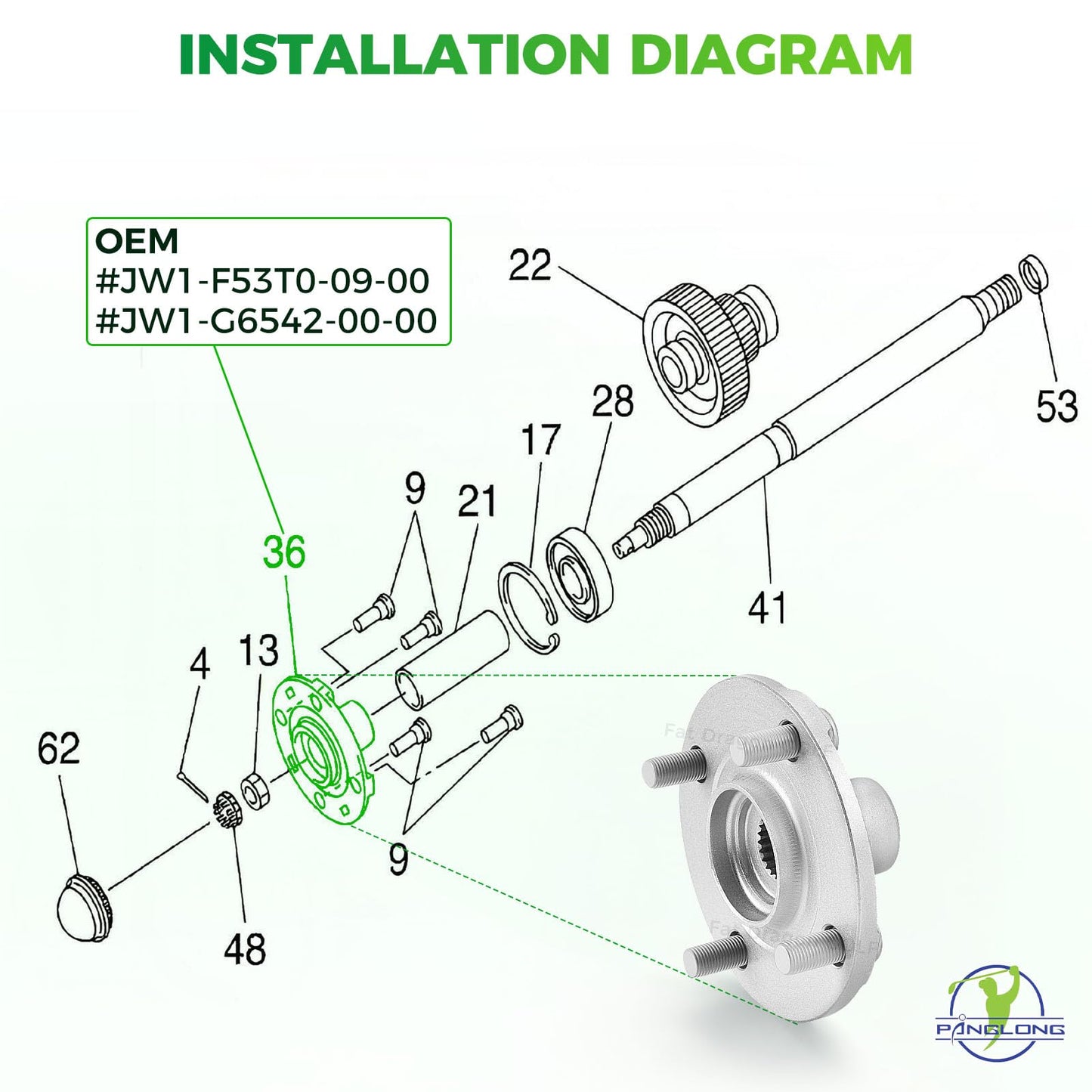 Panglong Golf Cart Rear Wheel Hub, Compatible with Yamaha Golf Cart Hub, Suitable for Yamaha G29 Drive Gas and Electric Golf Cart, OEM# JW1-F53T0-09-00 JW1-G6542-00-00