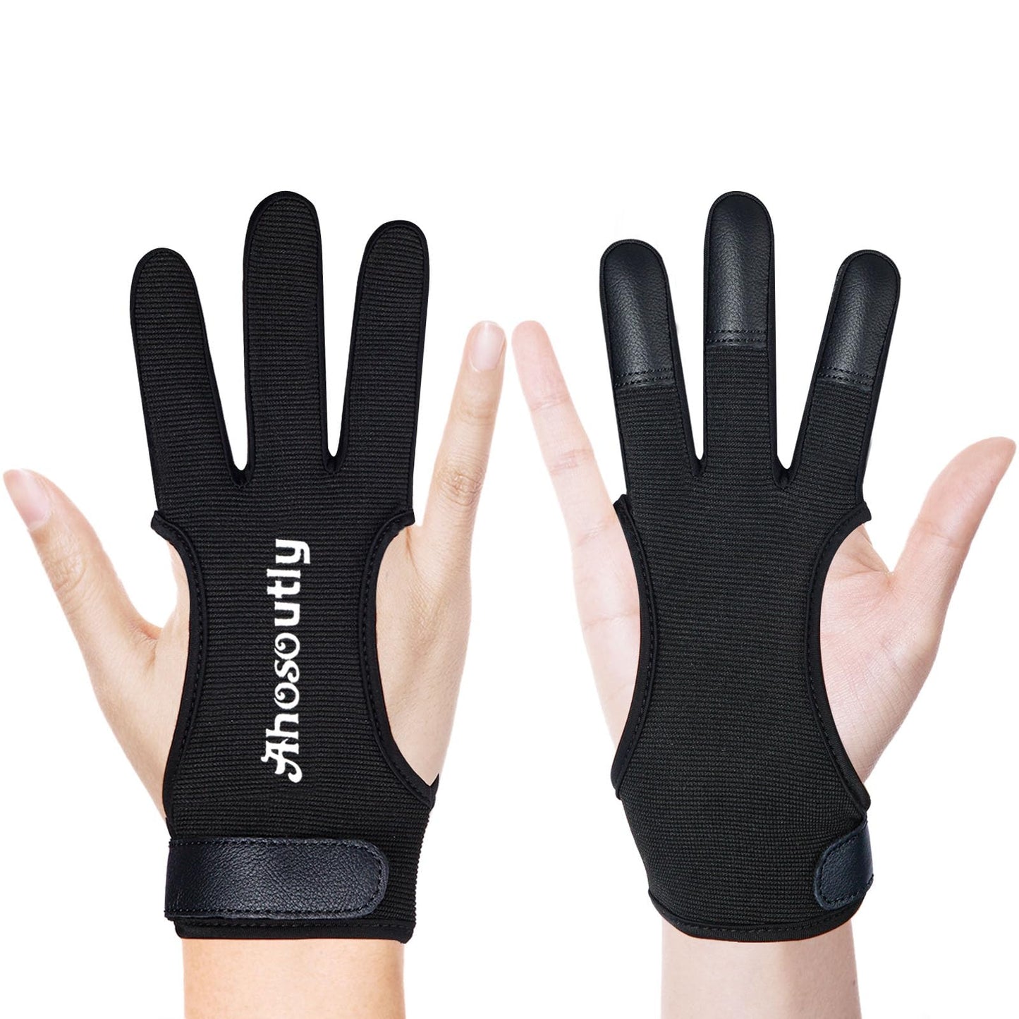 AHOSOUTLY Archery Glove Three Finger Leather Elasticity Archery Protective Gloves Archery Shooting Gloves for Adult and Kids, Protective Gear (Black, X-Large)