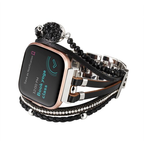 CHARMINGO Boho Leather Bracelet Compatible with Fitbit Versa 4/Versa 3/Sense/Sense 2 Bands for Women Men, Handmade Jewelry Multilayer Wrap Strap Replacement for Fitbit Smartwatch, Black02