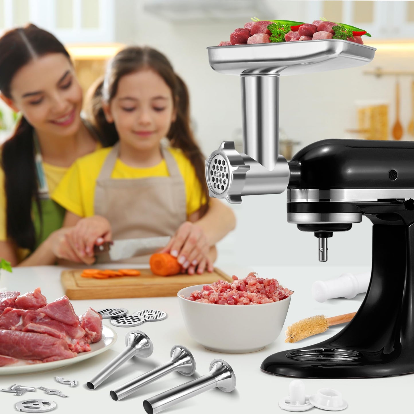 Stainless Steel Meat Grinder Attachment for KitchenAid, Stainless Steel Meat Grinder Attachment, Sausage Stuffer, Attachment for KitchenAid Mixers, Dishwasher Safe(Mixer Not Included)