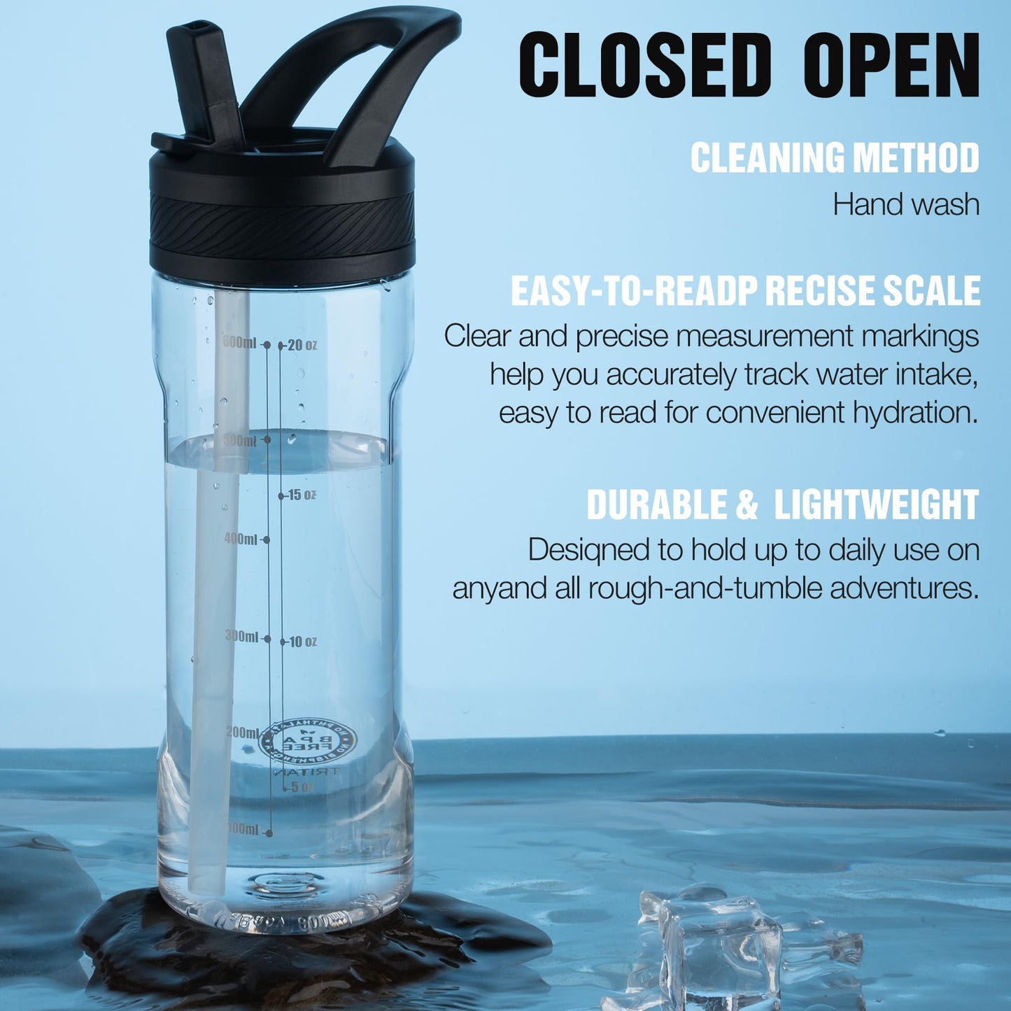 OLDLEY 20oz Kids Water Bottle with Straw, BPA-Free Tritan Water Bottle for School, Leakproof Clear Water Bottle with One Click Open, Measurement Scale, Cup Holder Friendly for Boys Girls,Clear