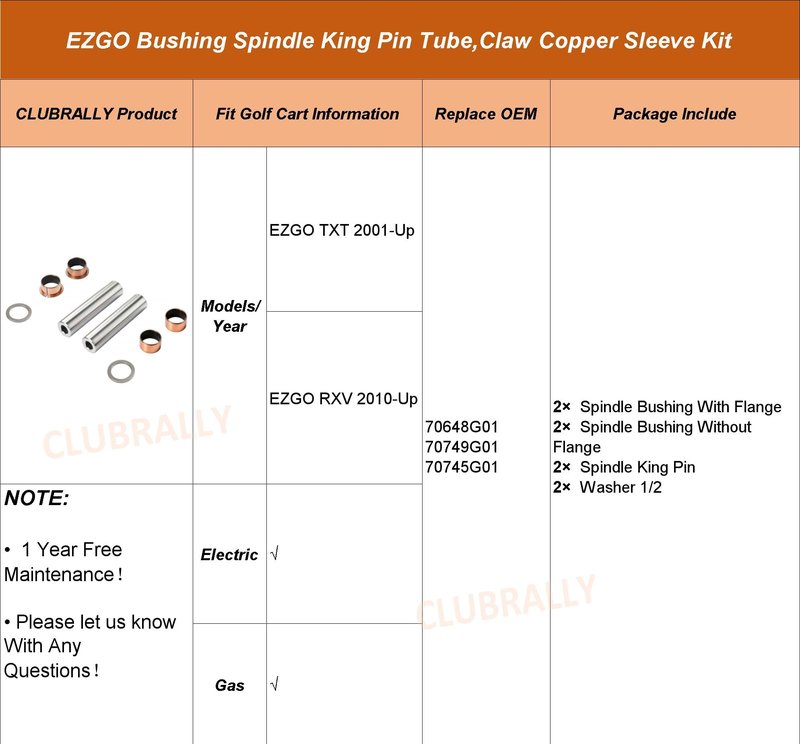 CLUBRALLY EZGO TXT/RXV Golf Cart Bushing Spindle King Pin Tube, Claw Copper Sleeve Kit, OEM# 70648G01,70749G01, 70745G01
