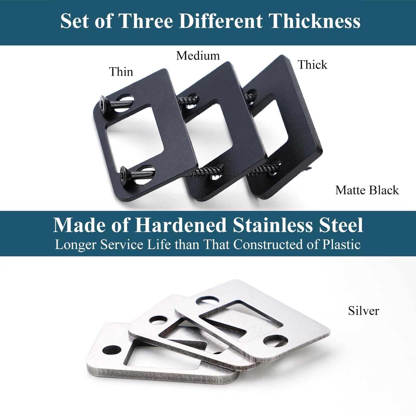 MOSECYOU Standard Door Strike Spacer Shim Plates, Stainless Steel, Set of 3 Different Thickness, Door Gap Blocker Kit to Fix Door won’t Stay Closed, Block Access to Latch (Matte Black, 1 Pack)