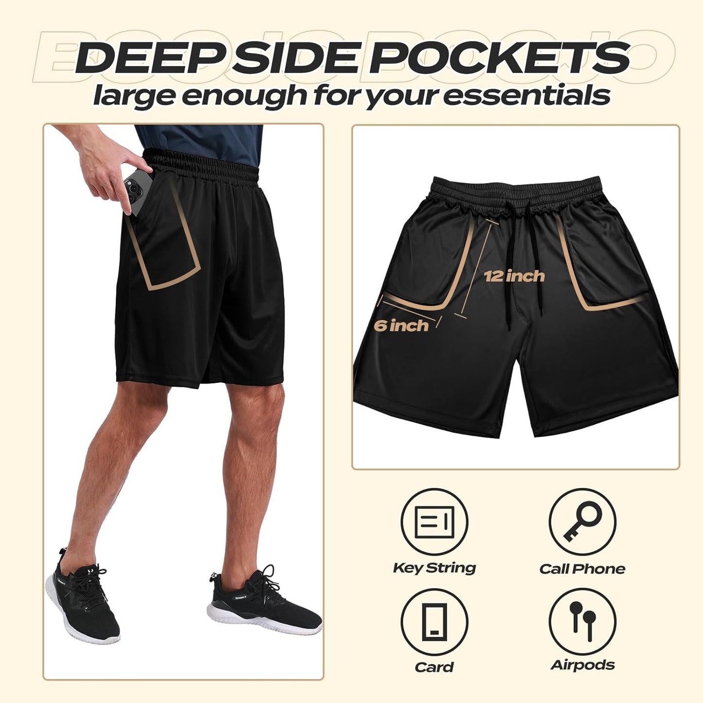 BOOJO Athletic Gym Shorts for Men - Quick Dry Black Workout Shorts with Pockets | 5 Pack Casual Activewear