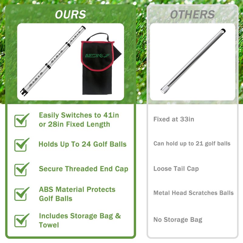 AESWGOF Golf Ball Picker Upper Tube, Durable Aluminum Alloy Golf Ball Retriever, Holds 24 Golf Balls, with Carry Bag, Ball Towel & 2 Secure Twist-On Caps