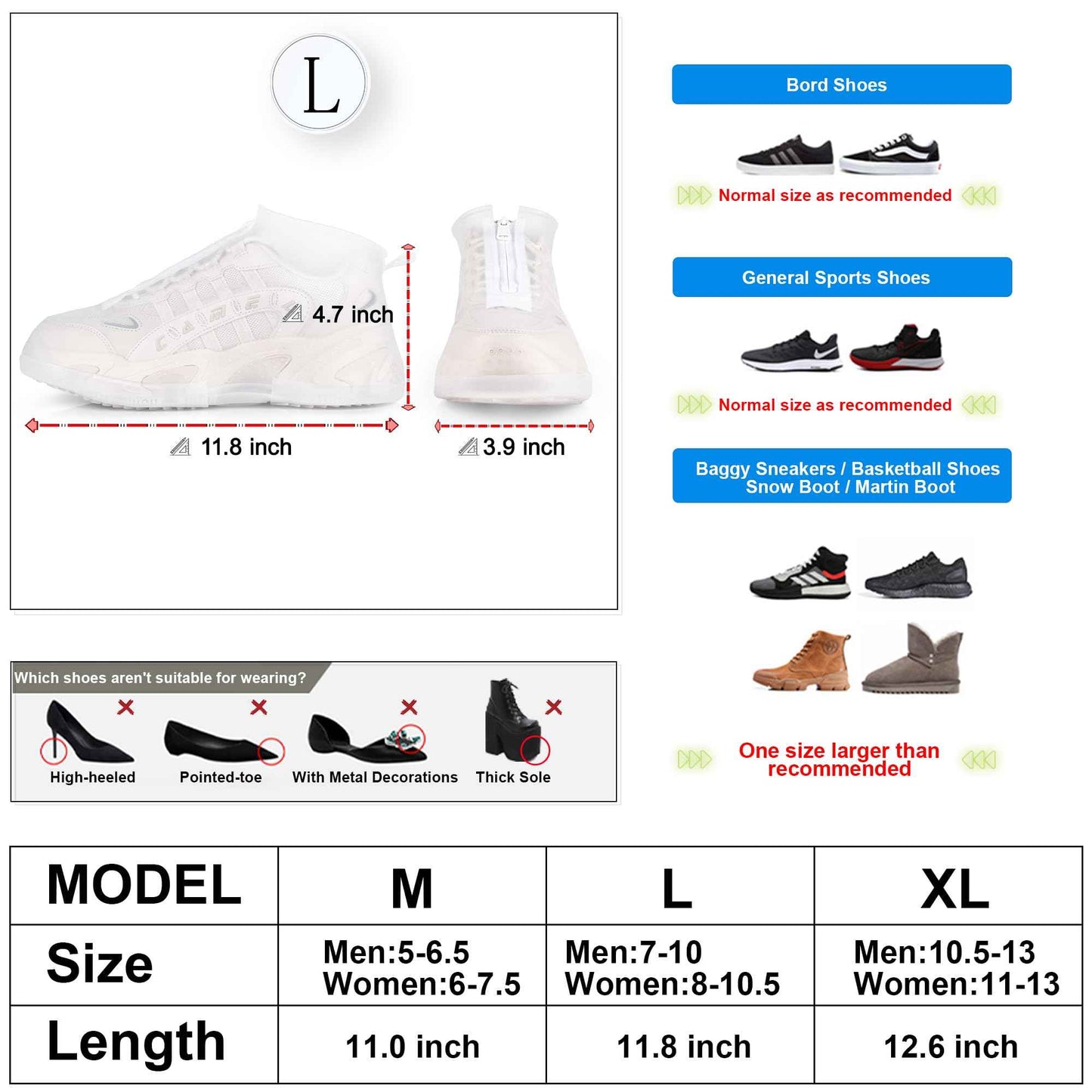 Waterproof Shoe Covers Slip-Resistant Overshoes Newly Upgraded and Latest Model for Men Women, Reusable Rain Boots for Outdoor, Cycling, Hiking, Work (Transparent, L (Women 8-10.5, Men 7-10))