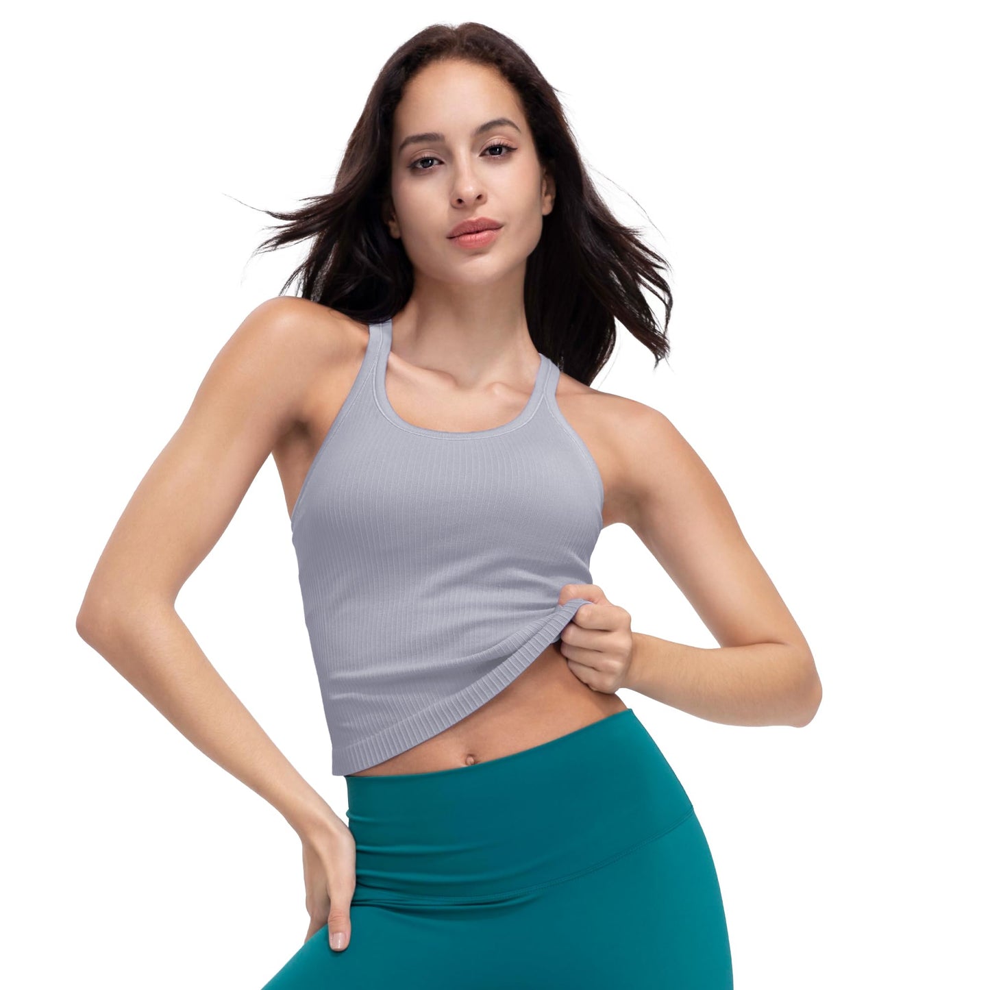 Excwudy Seamless Ribbed Workout Racerback Tank Tops with Built in Bra for Women Grey-Purple L