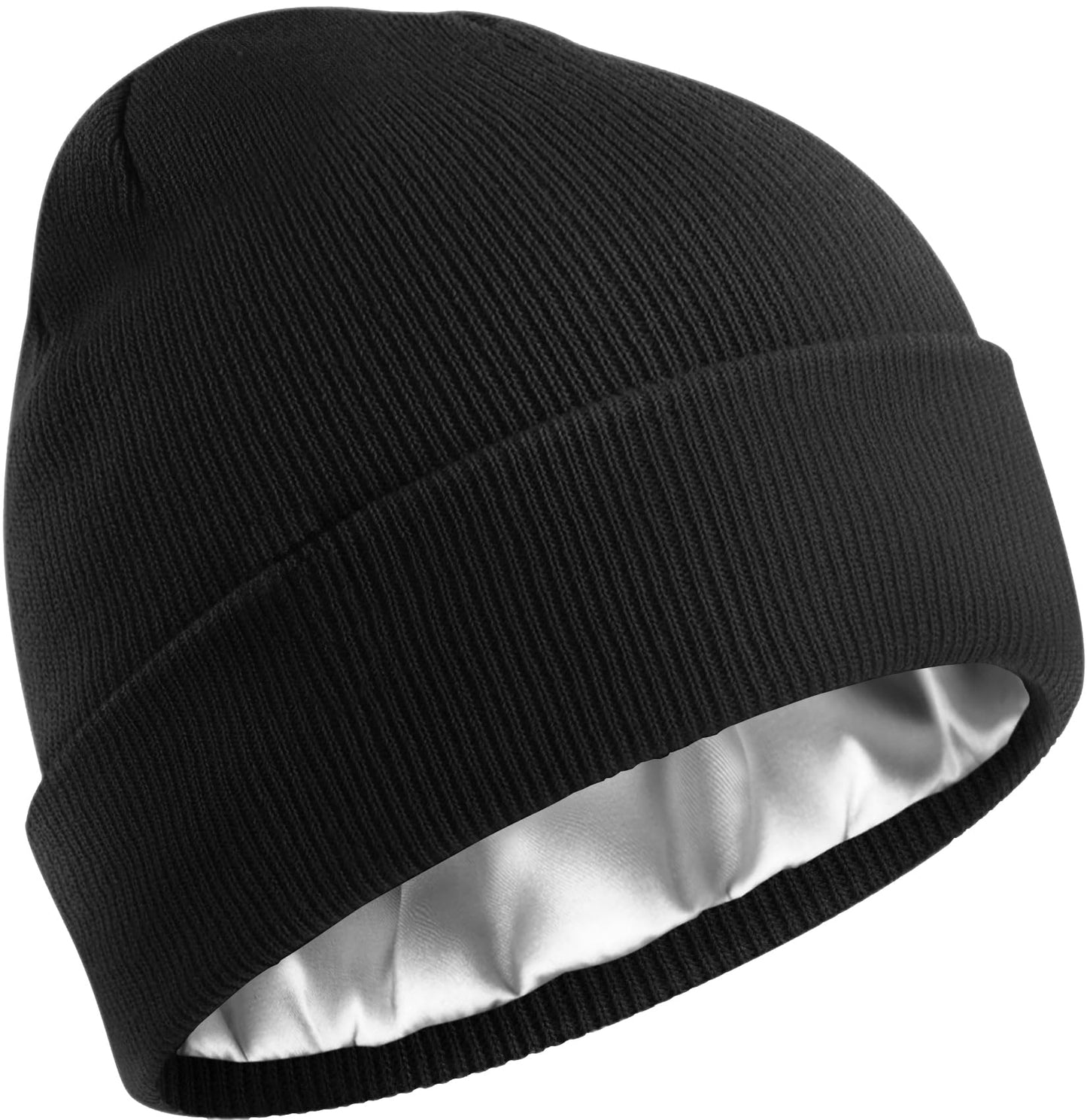 Satin Lined Beanie for Women Men, Cotton Knit Winter Hat Silk Lining Soft Warm Cuffed Fisherman Beanies Hats Skull Cap Black
