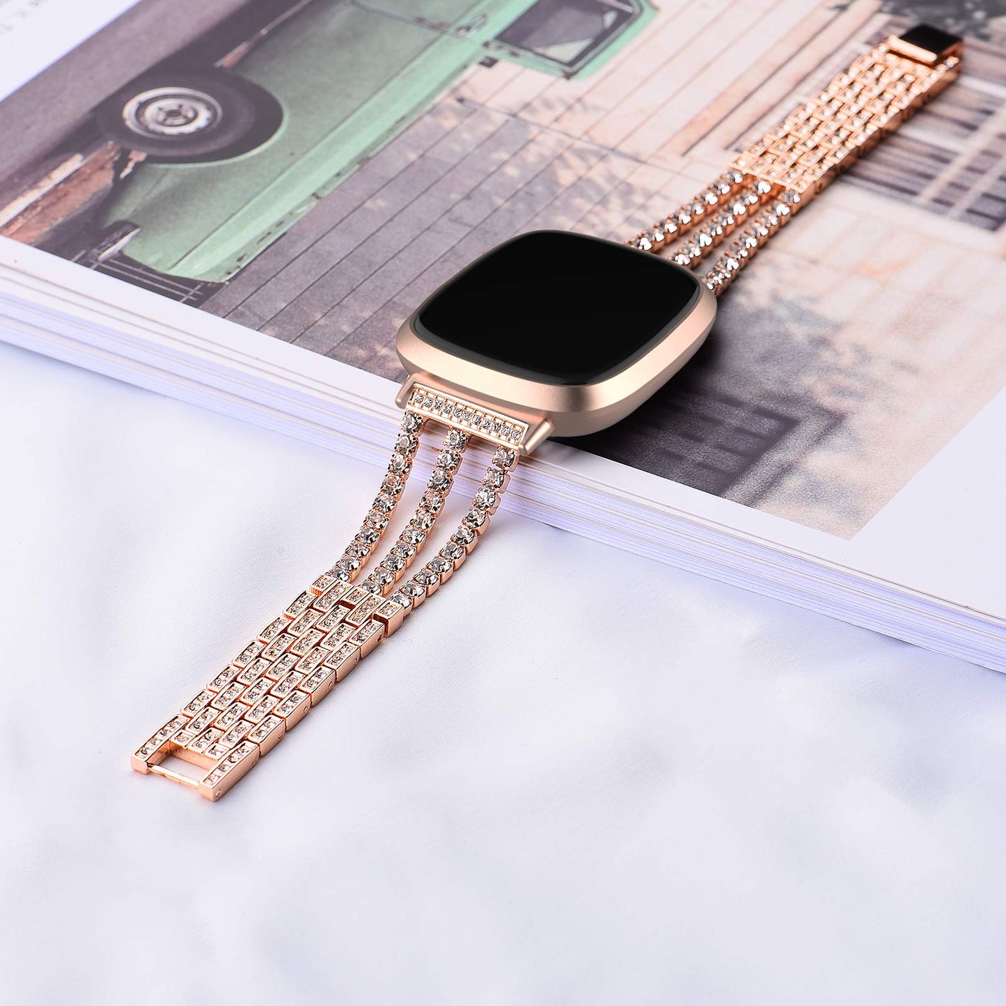 Wongeto Bling Bracelet Compatible with Fitbit Versa 3/Fitbit Sense Women Men Stainless Steel Jewelry Rhinestone Dressy Wristband Strap Bracelet (Rose Gold)