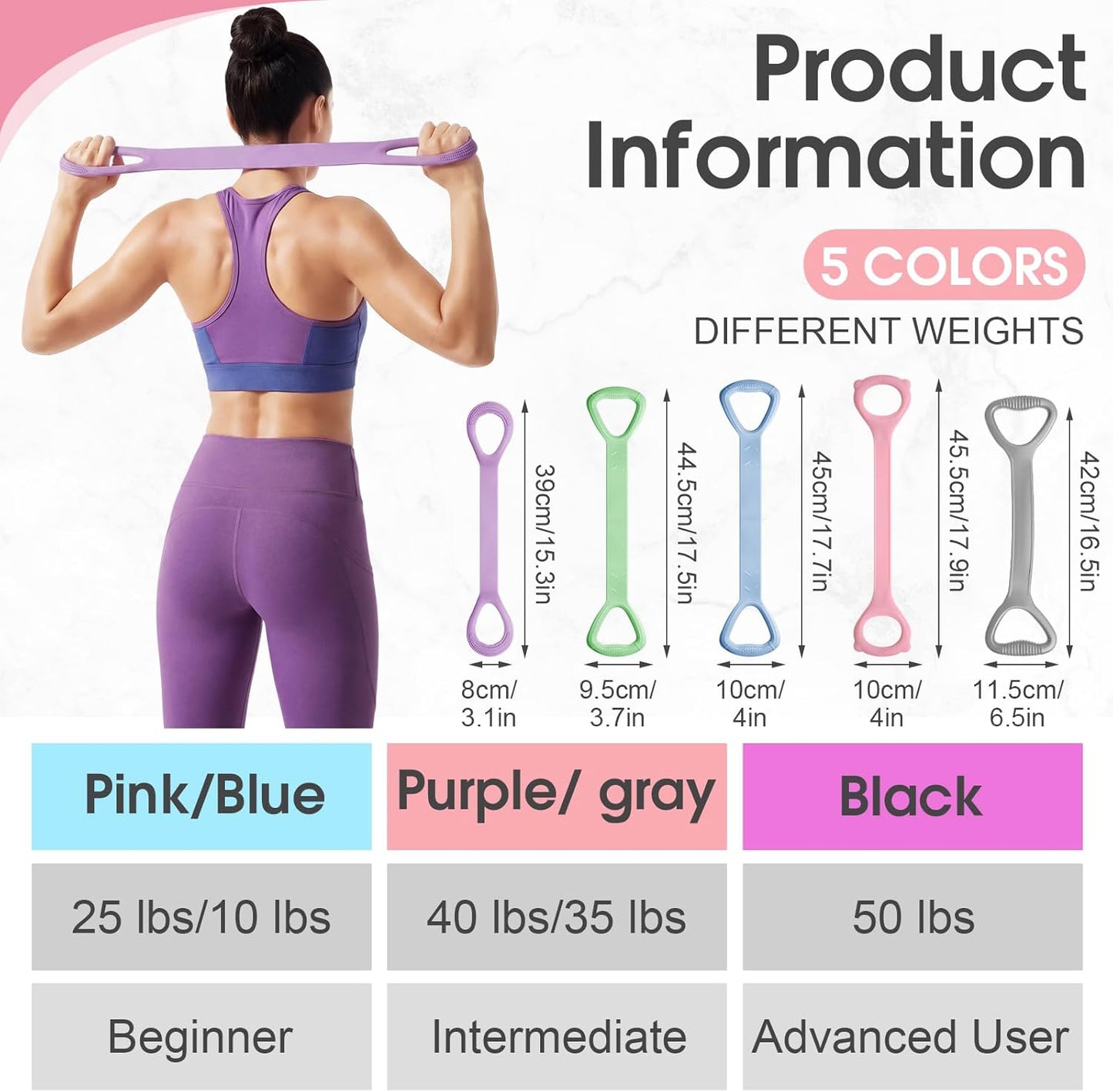 Soulchen Figure 8 Fitness Resistance Bands - 5 Pack (10-50 Lbs) for Yoga, Pilates, Stretching & Workouts