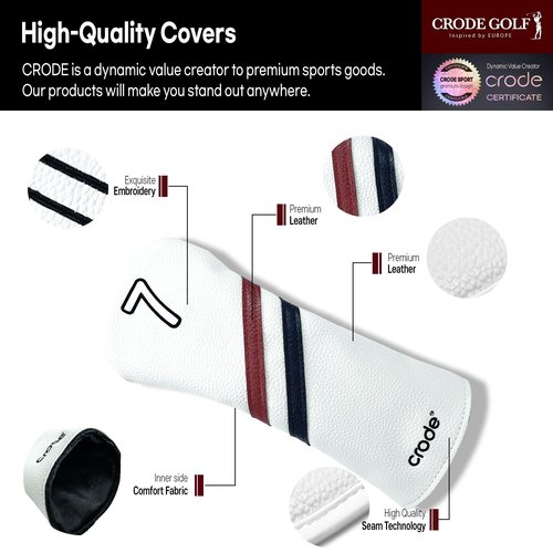 CRODE Golf Club Head Covers Premium Leather for Iron(9pcs/Set), Driver, Fairway Wood, Hybrid, Blade Putter, and Mallet Putter Cover Fit Most Brands (FairwayWood&Hybrid-7)