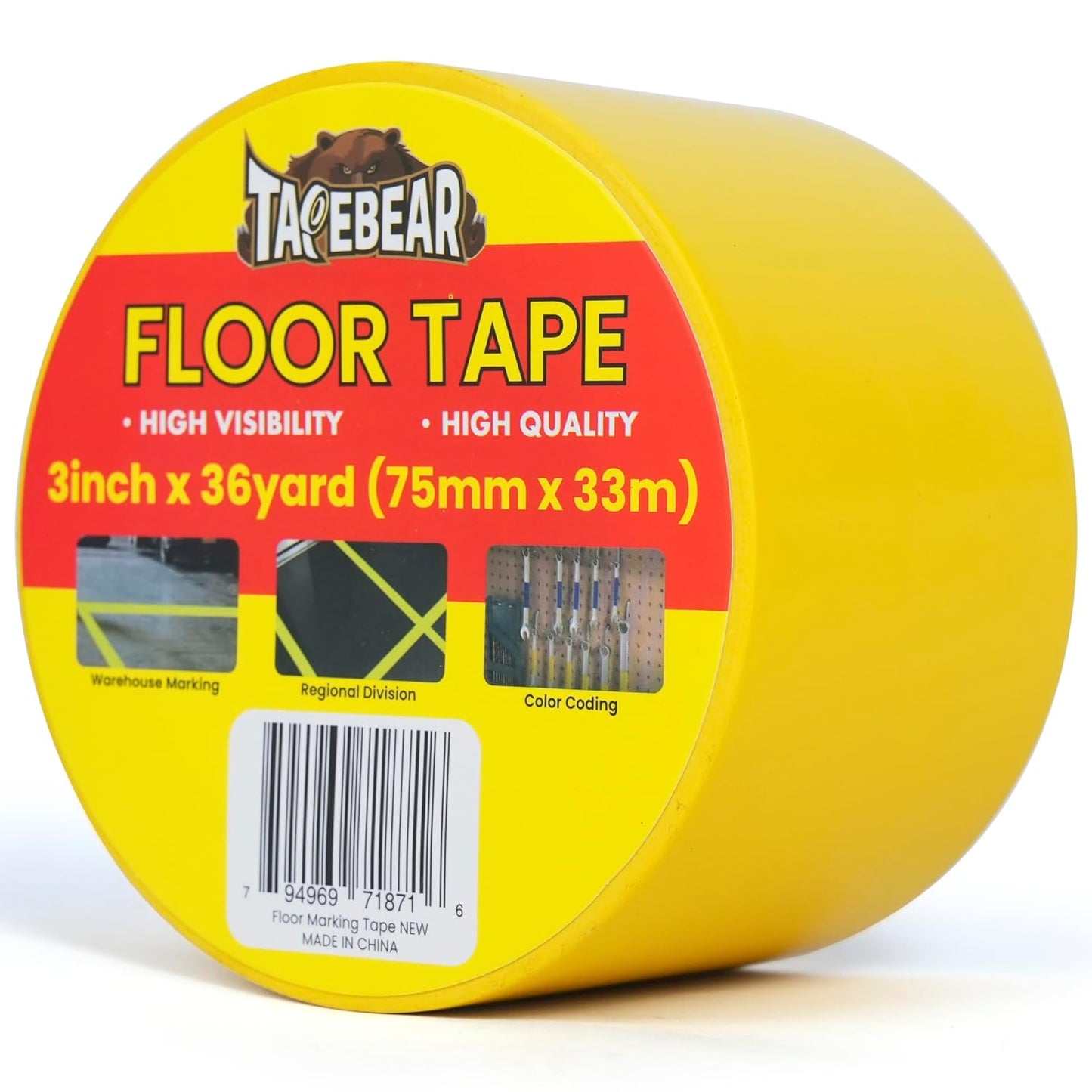 TAPEBEAR Yellow Vinyl Floor Tape - 3" x 36 Yards | Abrasion-Proof, Waterproof Safety Marking for Gym & Warehouse