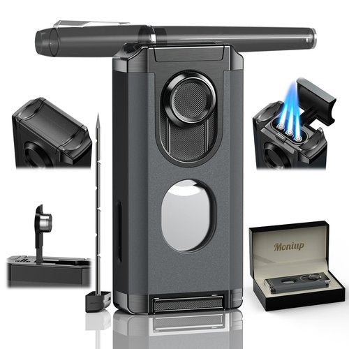5-in-1 Torch Lighter, with Multi-use Tool, Punch, Draw Enhancer Tool, Holder, Butane Refillable Triple Jet Flame, Multifunctional Accessories, Gifts for Men, Windproof Lighter for Travel, Outdoors