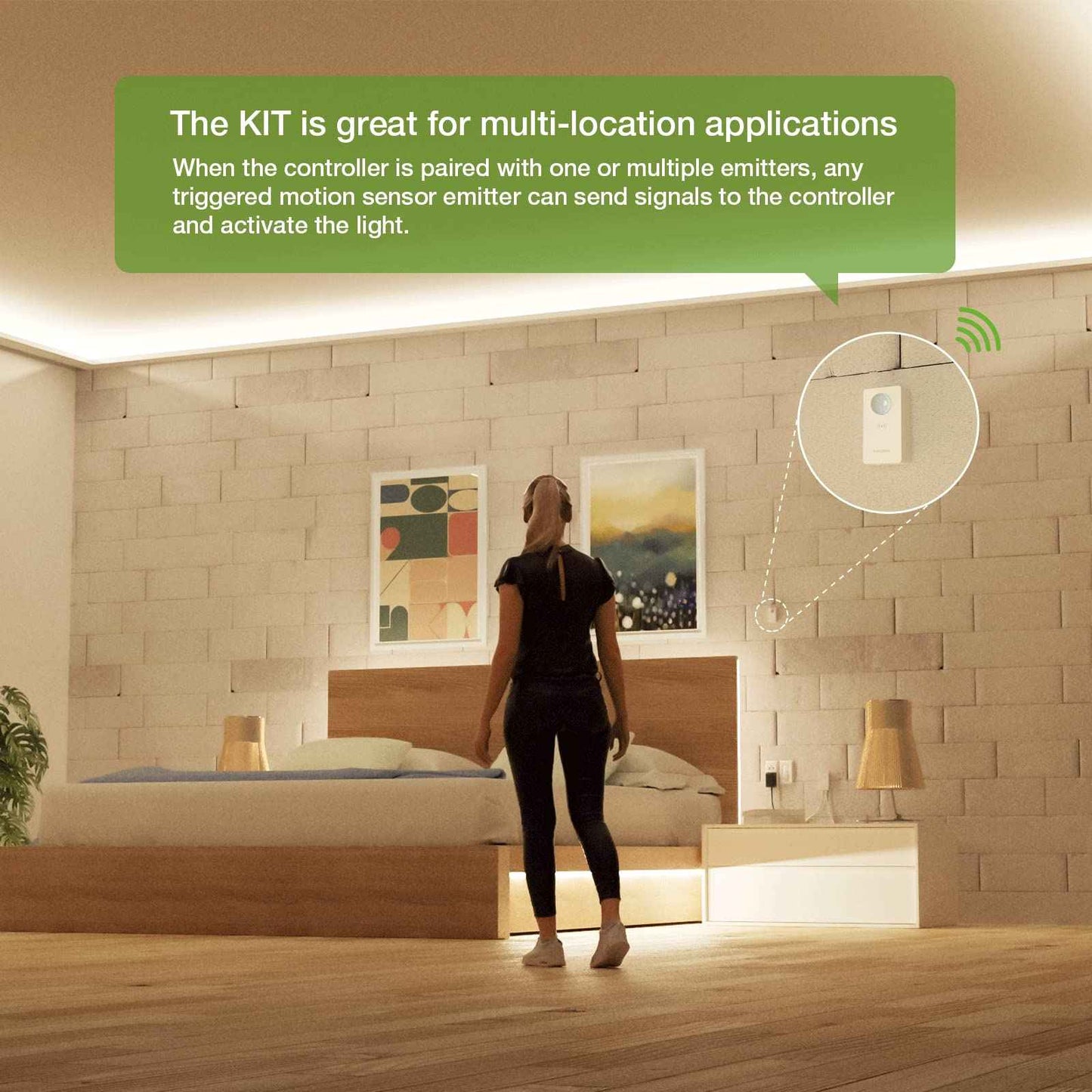 RAYZEEK Wireless Motion Sensor Controller Kit - No Wiring Mini PIR Sensor Switch 12/24VDC RF Wireless Control Led Strip Lights with Dimmable, Timer for Stairway