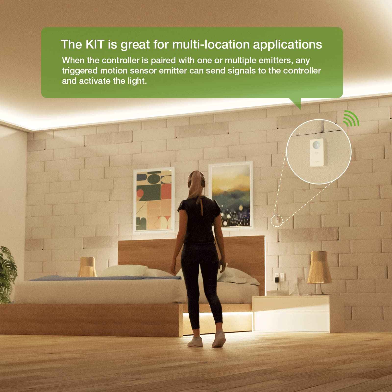 RAYZEEK Wireless Motion Sensor Controller Kit - No Wiring Mini PIR Sensor Switch 12/24VDC RF Wireless Control Led Strip Lights with Dimmable, Timer for Stairway