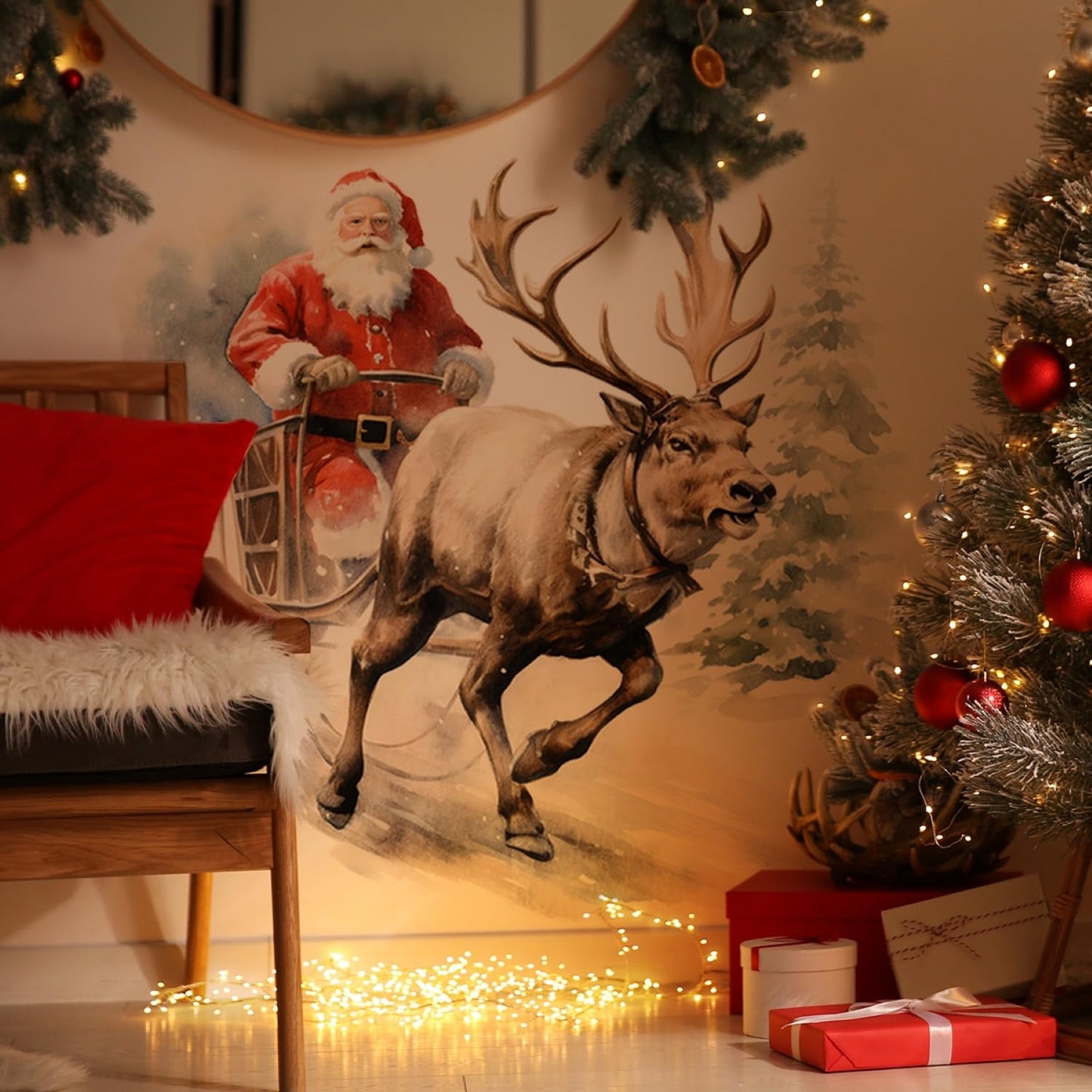3D Christmas Reindeer Pulling Santa's Sleigh Wall Decal - Removable Tree Sticker, Vinyl Decor, Deer Snow Art Winter Scenes Mural, Peel and Stick