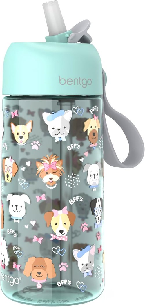 Bentgo Kids Water Bottle - Leak-Proof, Durable Tritan BPA-Free 15 oz Cup for Kids/Toddlers Ages 3+; Bite & Sip Spout, Carrying Handle & Dishwasher Safe for School, Sports, Daycare & Camp (Puppy Love)