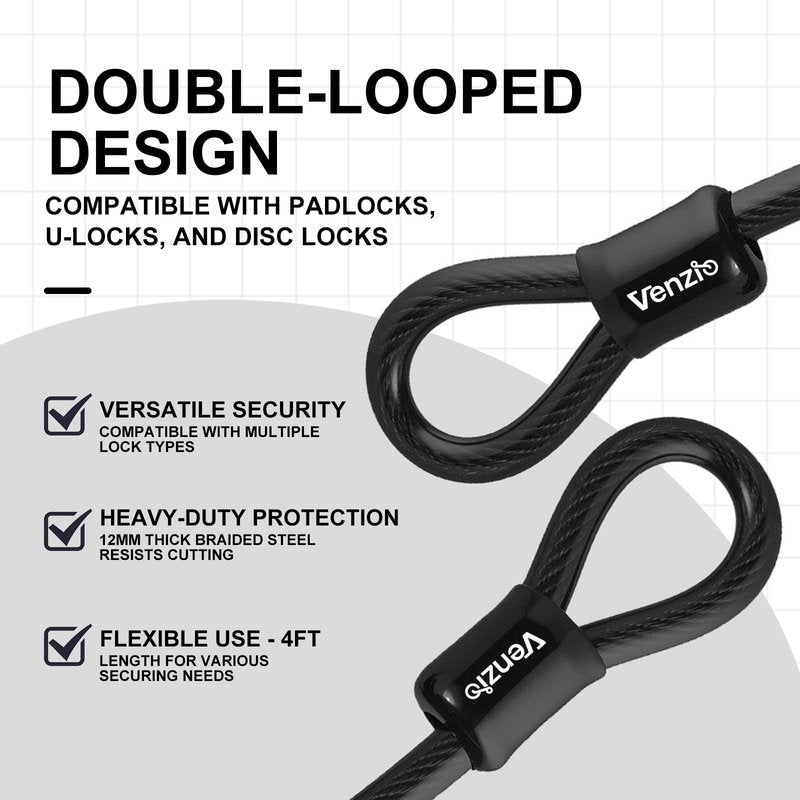 Venzio Heavy Duty 4FT 12mm (1/2 inch) Bike Lock Cable with Loops, Security Steel Lock Cable, PVC Coated Anti-Theft Chain for Bicycle, Gate, Grill, Generator