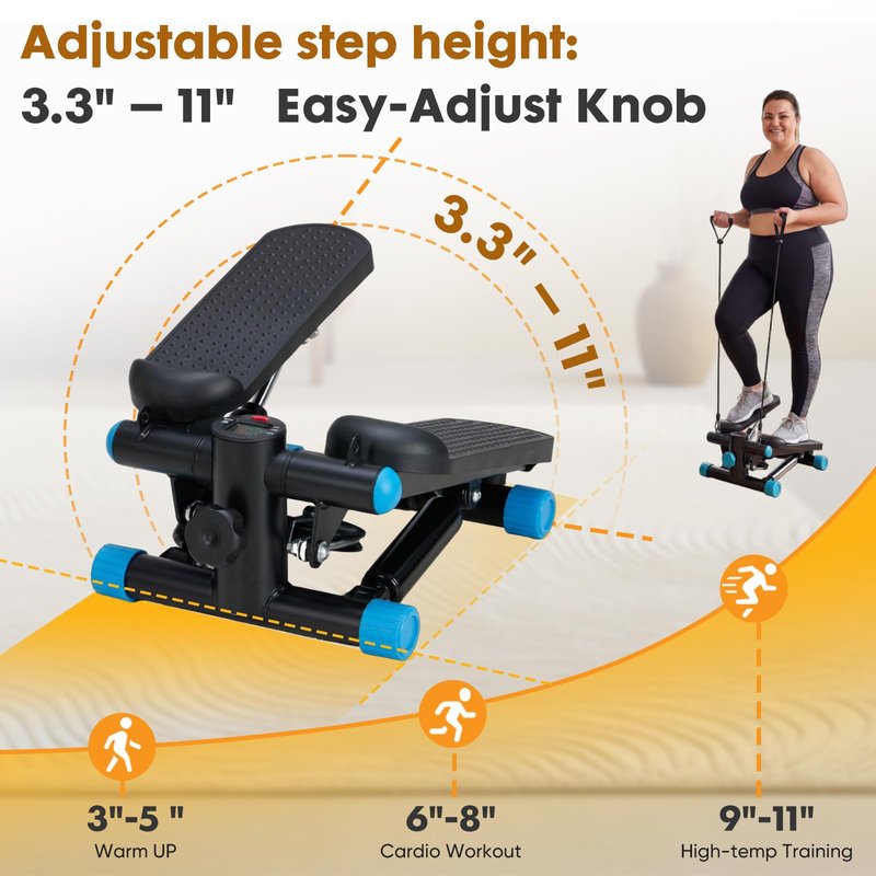 NEWBULIG Stair Steppers for Exercise at Home, Mini Stepper Machine with Resistance Bands and LCD Monitor, Workout Equipment for Full Body, 300lb Weight Capacity, Bright Sliver