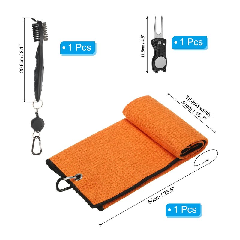 PATIKIL 24"x16" Golf Towels Golf Microfiber Waffle Pattern Towel Set Club Groove Cleaner Brush Foldable Divot Tool with Magnetic Ball Marker for Men Women, Orange Towel
