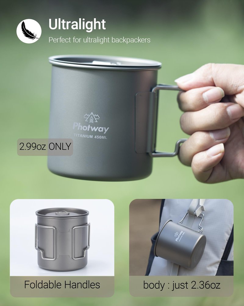 photway Ultralight Titanium Camp Mug with Lid 450ml (15.2oz), Single-Wall Coffee Mug Cup for Backpacking, Camping, Hiking & Open Fire Use