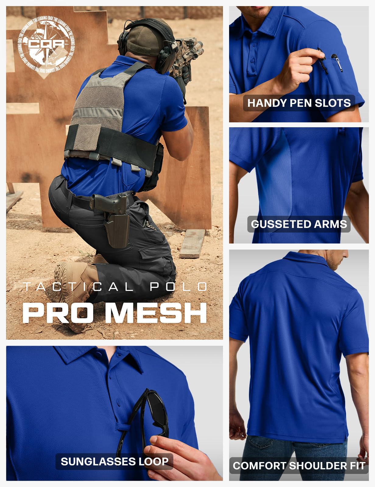 CQR Men's Quick Dry Tactical Polo Shirt, Lightweight Breathable Performance Polo, Short Sleeve UPF 50+ Outdoor Golf Shirt, Frost Essential Cobalt Blue, X-Small