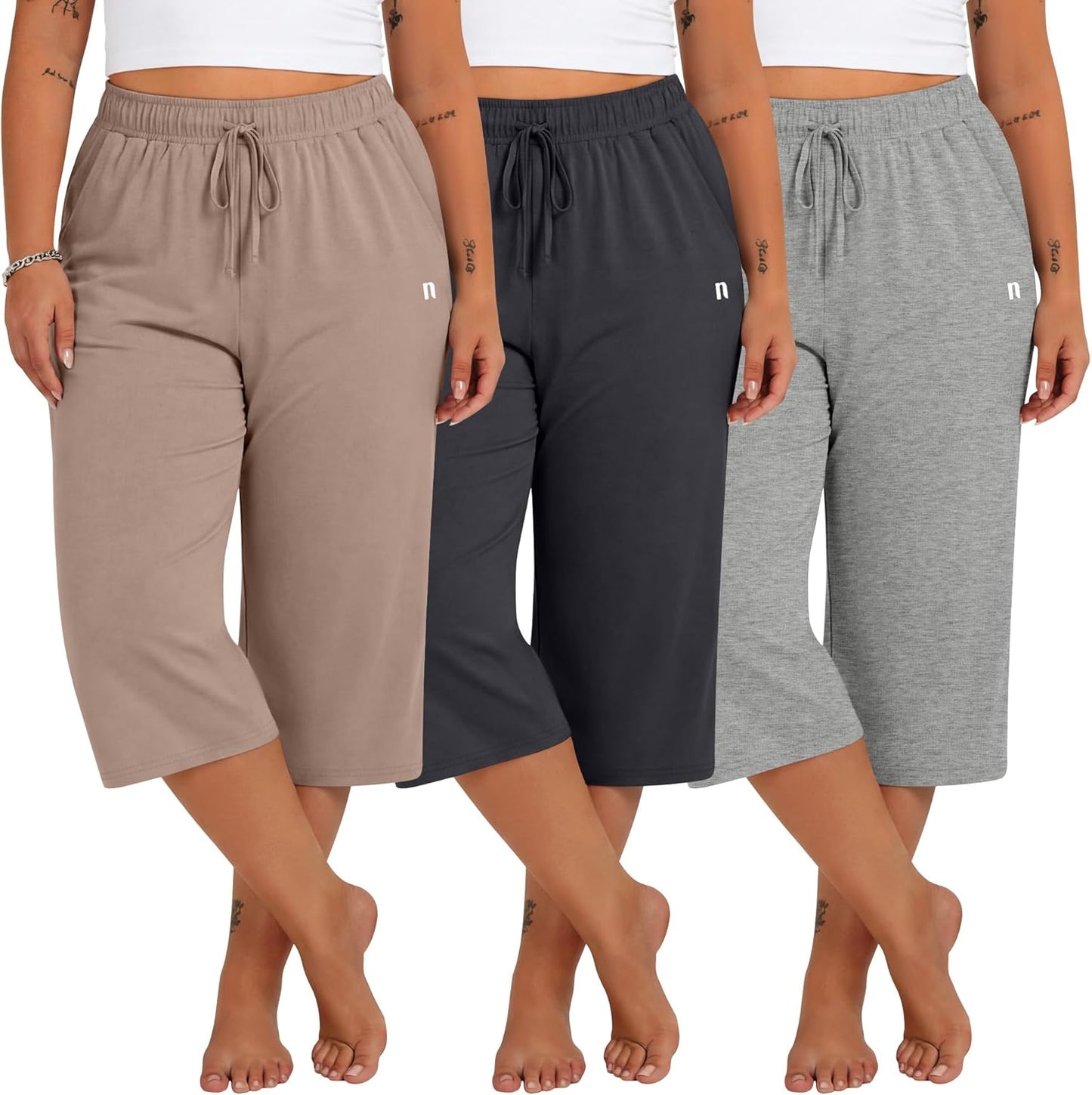 Neer Plus Size Women's Capri Pants - Wide Leg Casual Drawstring Sweatpants with Pockets | 3 Pack