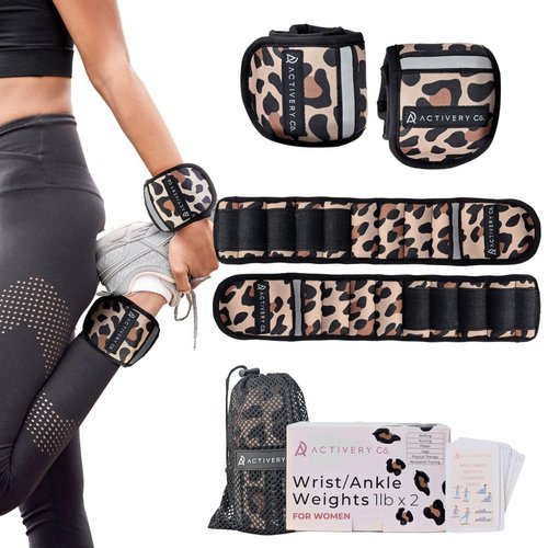 Activery Co. Wrist & Ankle Weights for Women, Ideal for Fitness Workout, Gym, Pilates, Dance, or Yoga, Includes Exercise Guide & Mesh Travel Bag, 1 Pair, 1 Lb Each, Leopard Print