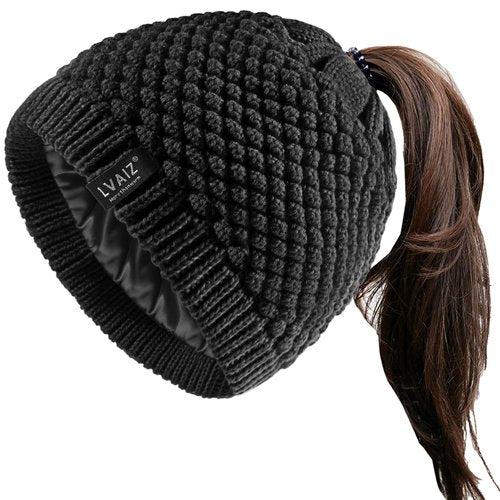 Lvaiz Hats Satin Lined Ponytail Beanie Knit Winter Hat for Women High Messy Bun Hat with Ponytail Hole Warm Skull Cap Women Black