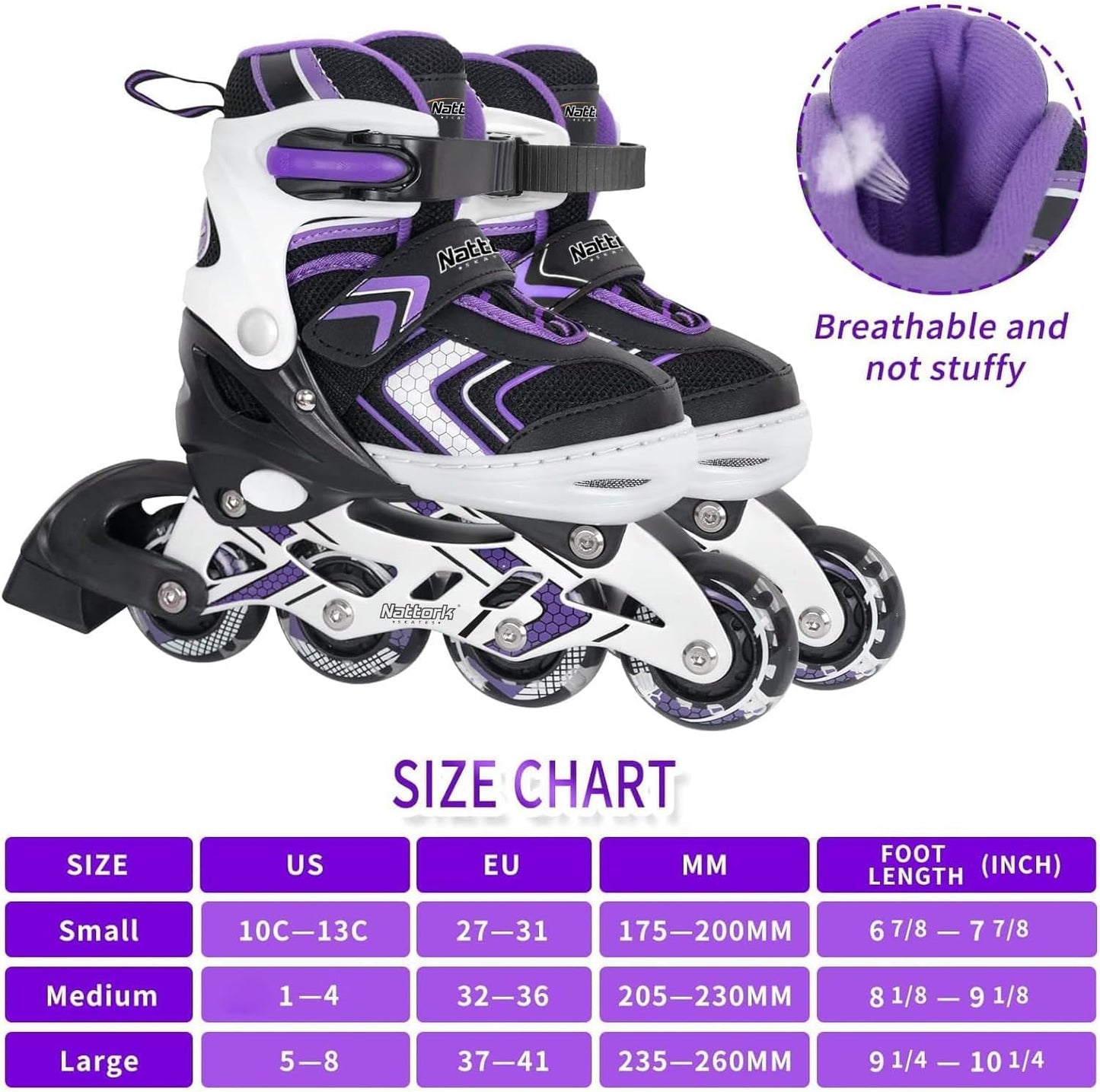 Nattork Adjustable Inline Skates - Light-Up Wheels for Kids | Beginner Roller Skates in Purple, Pink, Blue, Black