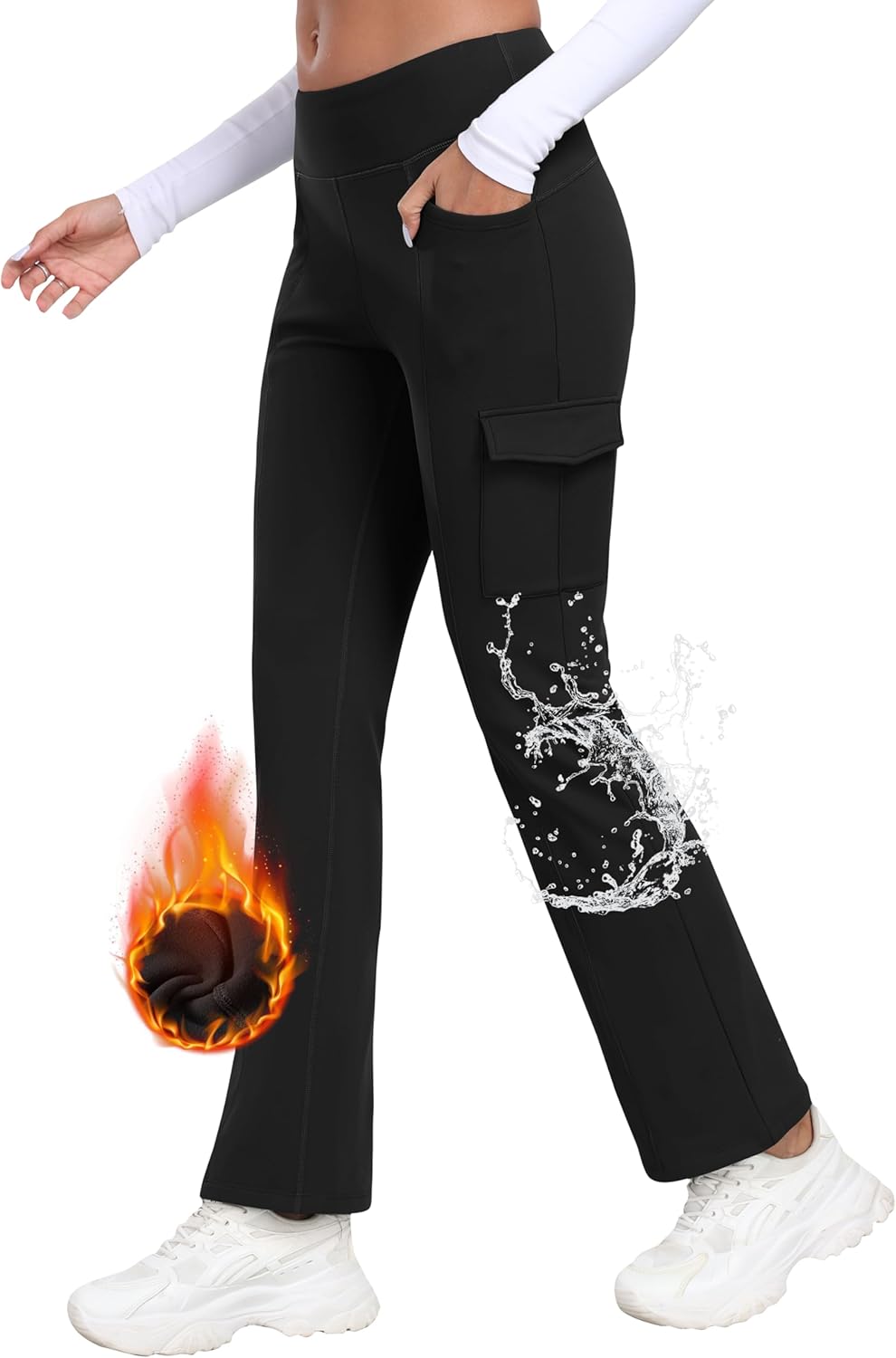 MoFiz Women's Fleece Lined Cargo Pants - Water Resistant Thermal Leggings | Black, Size L