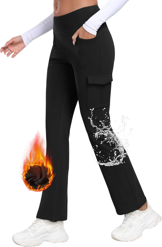 MoFiz Women's Fleece Lined Cargo Pants - Water Resistant Thermal Leggings | Black, Size L