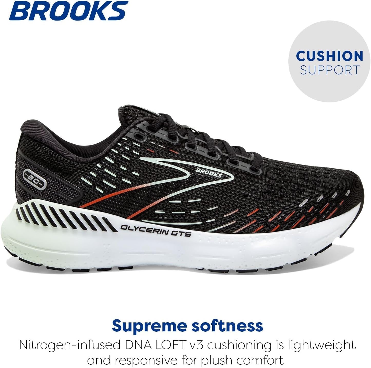 Brooks Women's Glycerin GTS 20 Supportive Running Shoe - Black/Red/Opal - Size 5 Medium