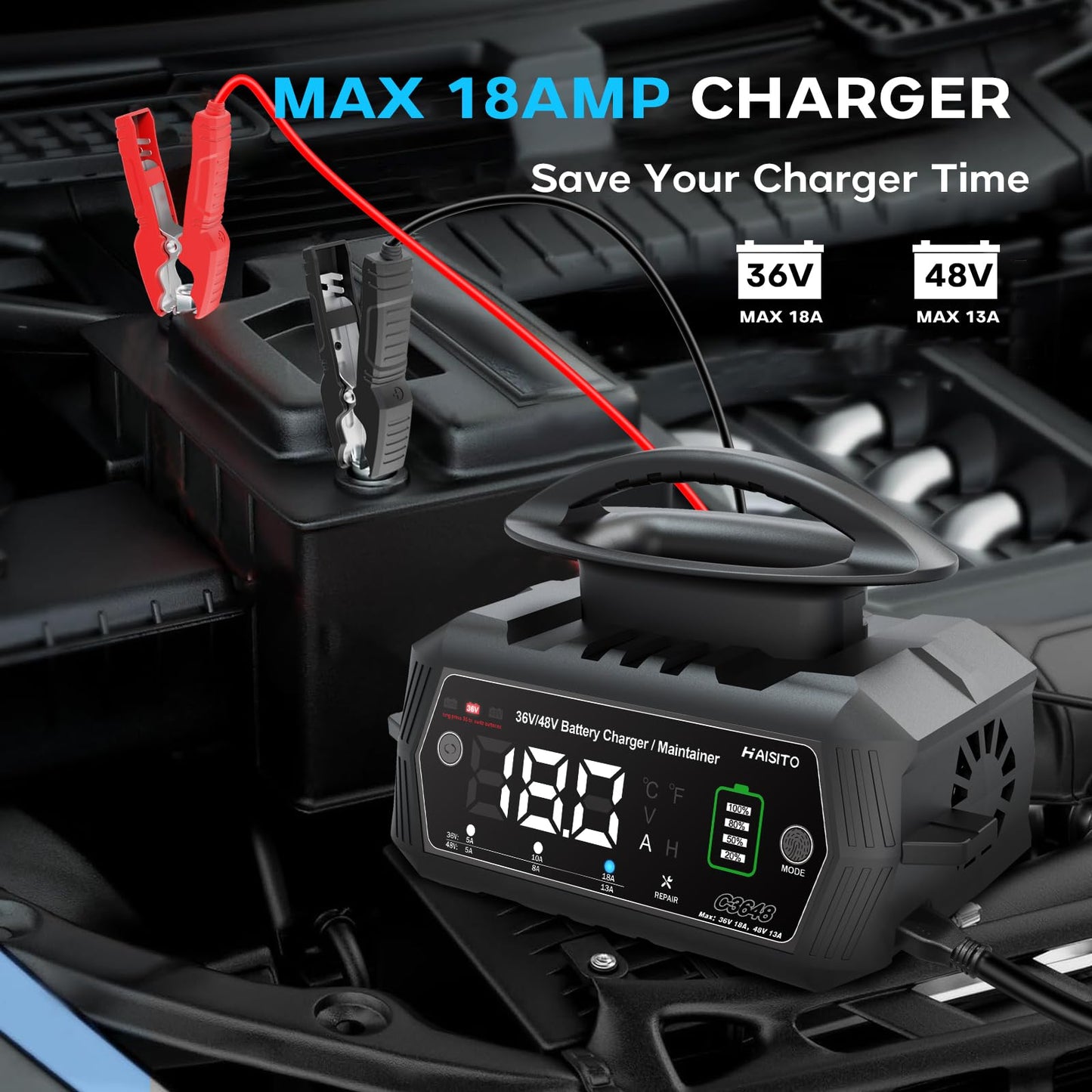 48V Golf Carts Battery Charger,18 AMP 36 Volt Lithium LIFEPO4 Battery Charger for Club Car 3-Pin Round Plug Black