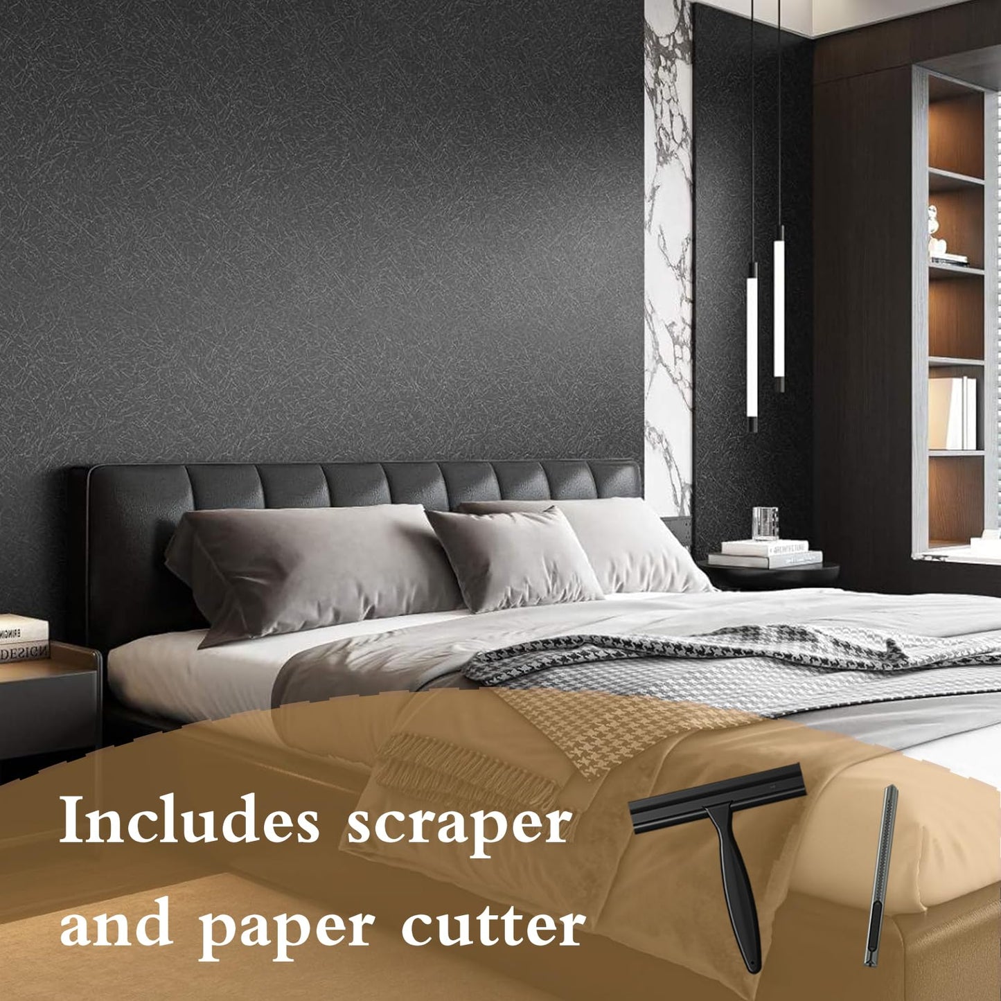 Black Silk Wallpaper Peel and Stick Embossed Self Adhesive Contact Paper 15.7" x 118" Removable Waterproof Kitchen Vinyl Wrap Cabinet Textured Renter Friendly Wall Cover with Scraper, Paper Cutter