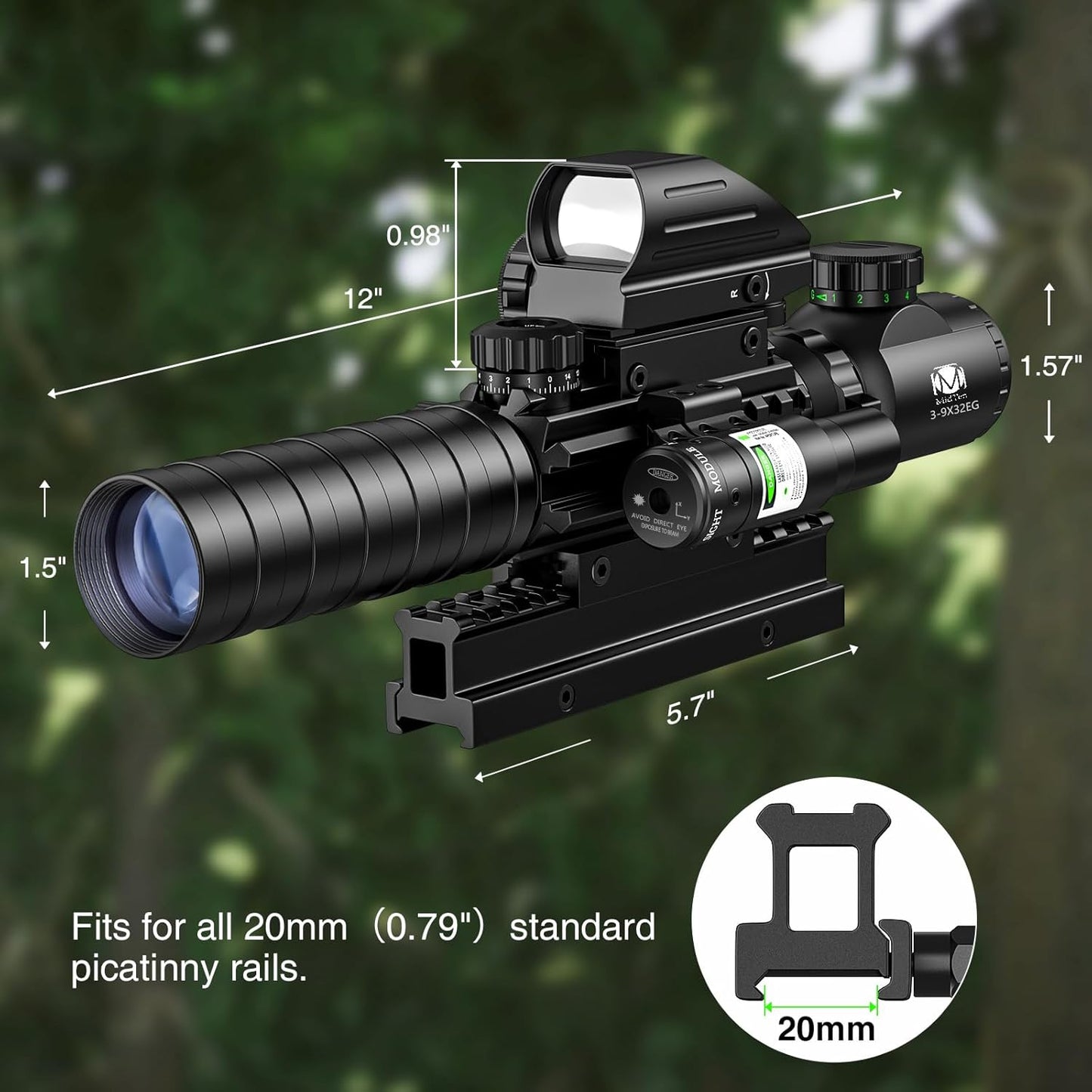 MidTen 3-9x32 Scope Combo - Dual Illuminated Optics with Red/Green Dot Sight & Laser Rangefinder