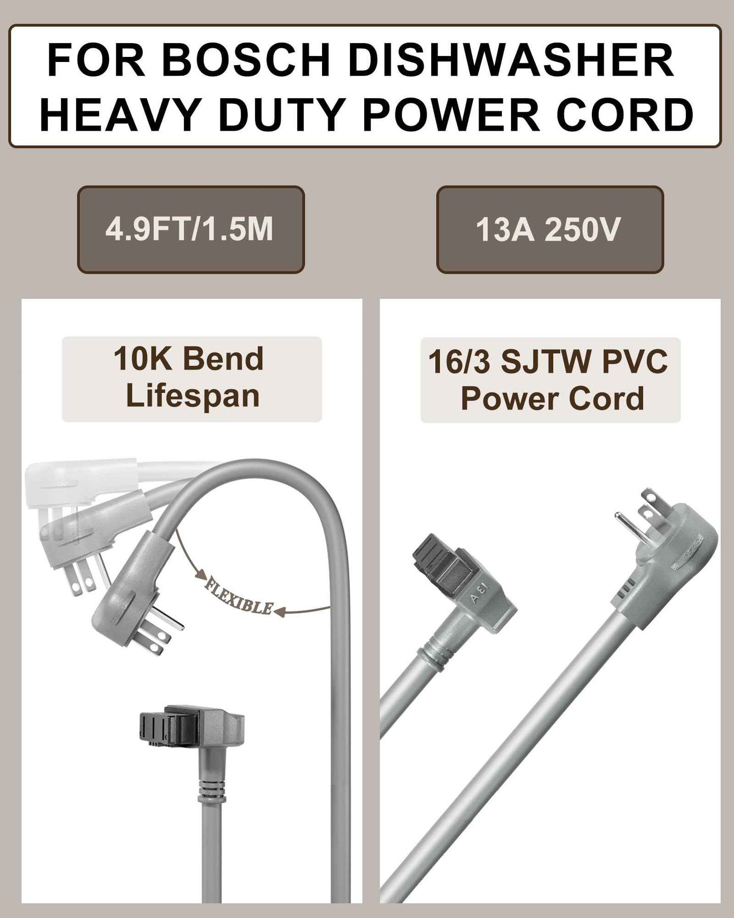 VHBW for Bosch Dishwashers Power Cord SMZPC002UC-00747210, Compatible with 24'' Bosch 800/300/500 Series Power Cord, Works with 00752018 Junction Box Plug Adapter (13A-16AWG)