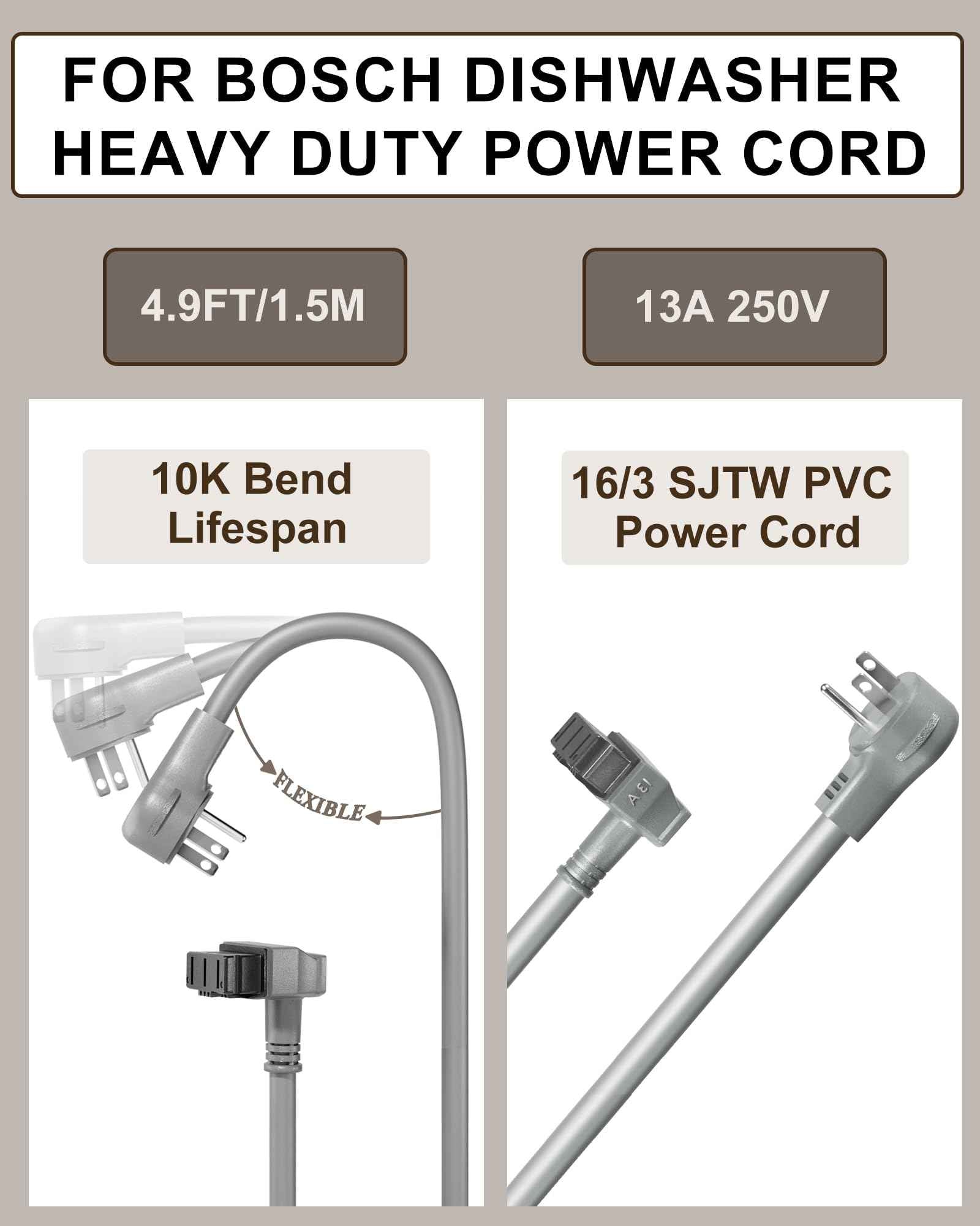 VHBW for Bosch Dishwashers Power Cord SMZPC002UC-00747210, Compatible with 24'' Bosch 800/300/500 Series Power Cord, Works with 00752018 Junction Box Plug Adapter (13A-16AWG)