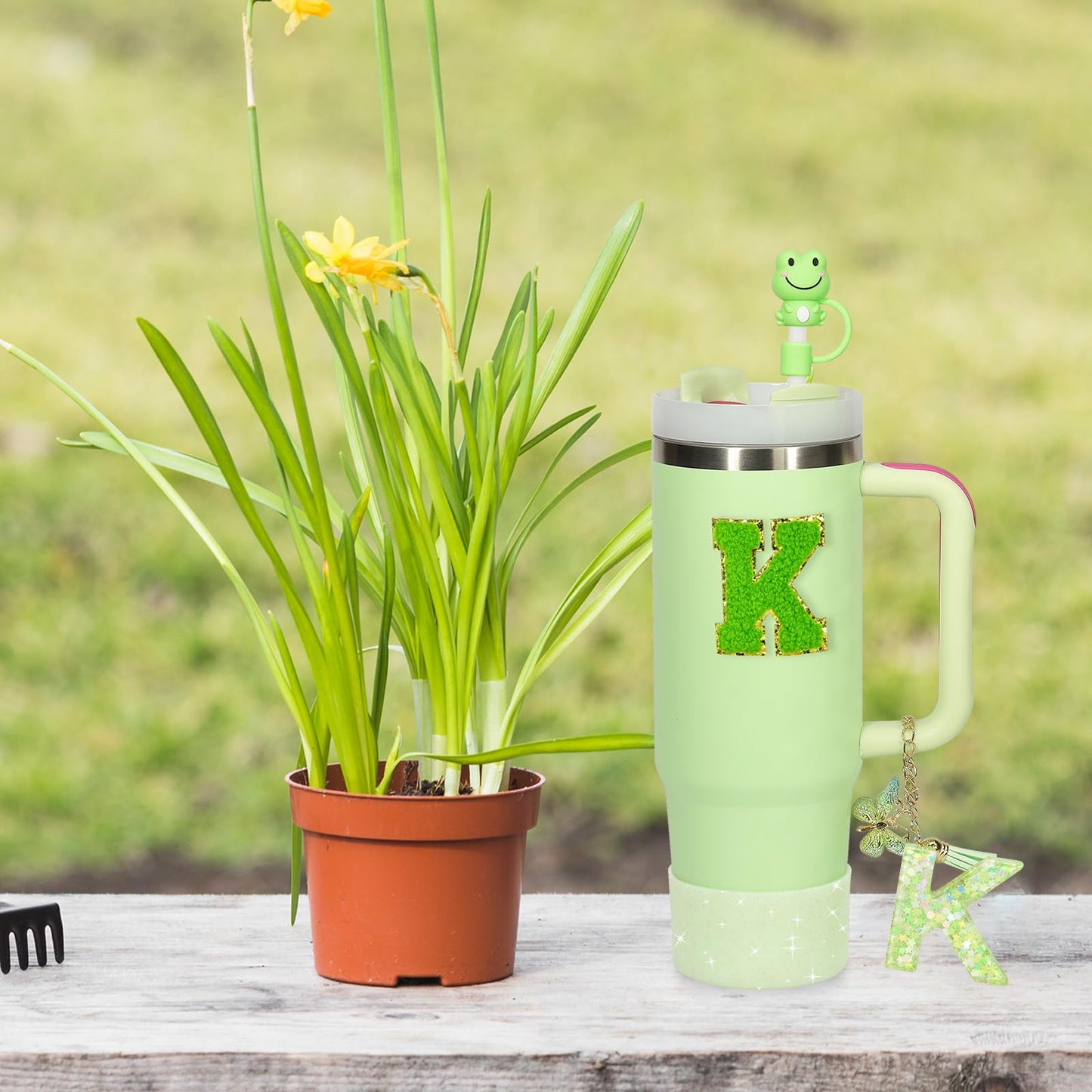 Liangang 8PCS Green Cup Accessories Set For Stanley 30oz 40oz,Including Boot,Spill Proof Stopper,2PCS Stanley Straw Cover and 2PCS Sticker Letter (Letter K)