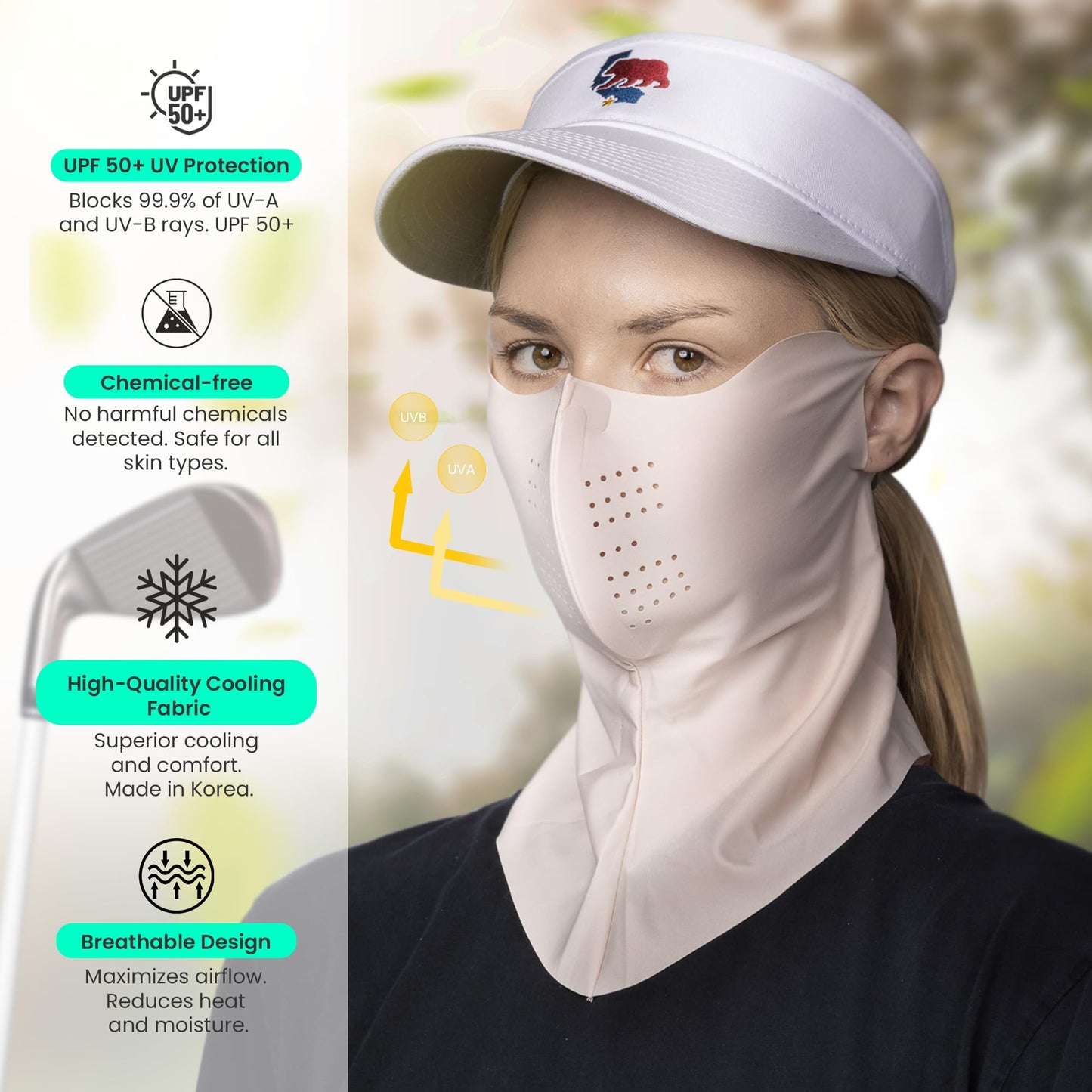 Korean UPF 50+ UV Sun Protection Face Mask – Cooling Breathable Neck Cover for Golf, Fishing, Hiking – Made in Korea (Beige, Medium)