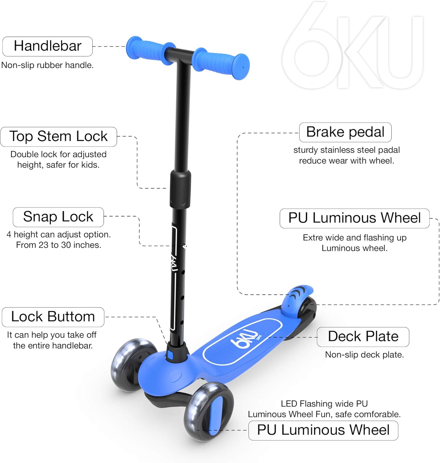 6KU Kids Scooter - Adjustable Height & Flashing LED Wheels | Extra-Wide 3-Wheel Design for Ages 3-10
