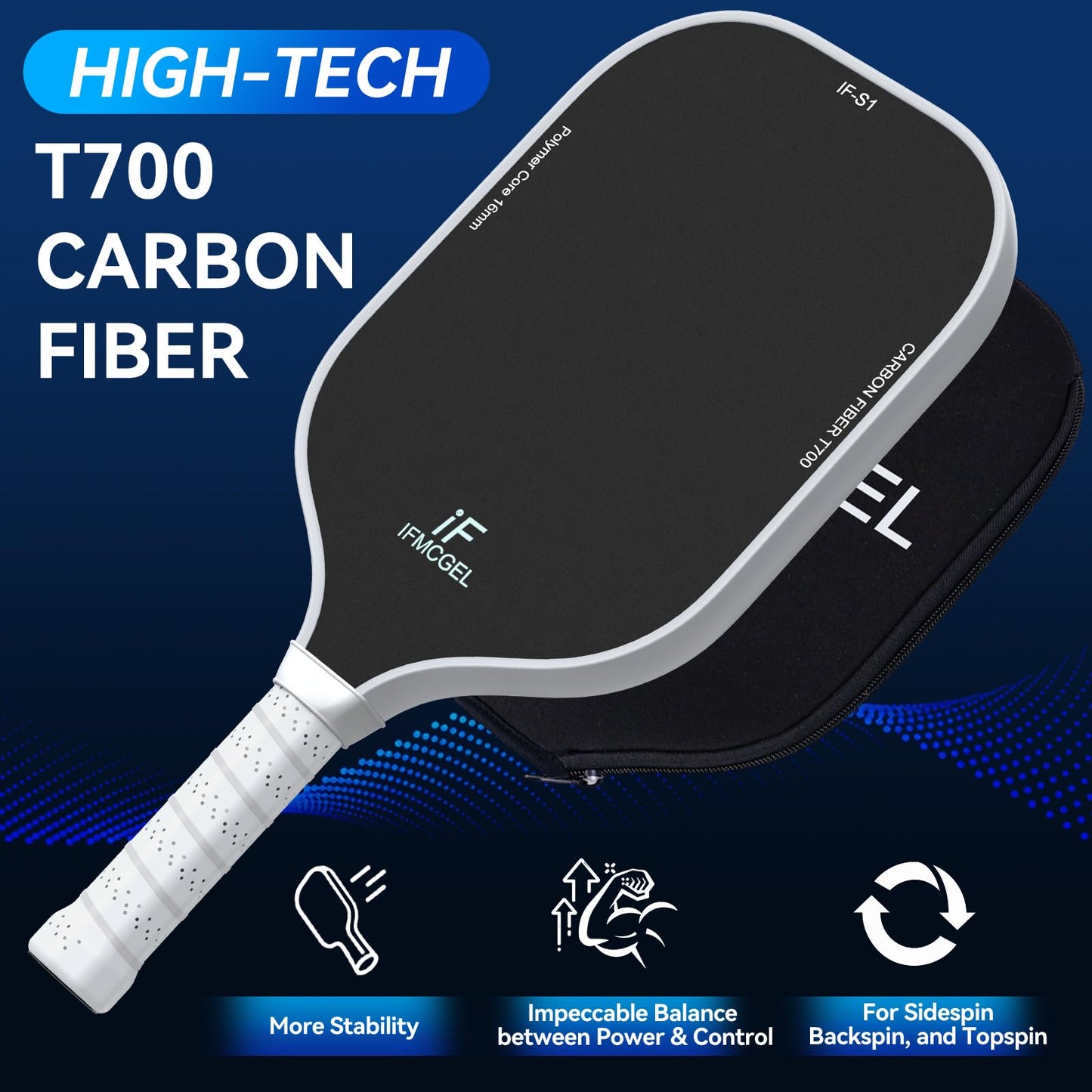 T700 Carbon Fiber Pickleball Paddle w/Carbon Abrasion Surface & 16mm Honeycomb Core for Ultimate Spin, Power & Control, Ideal for Men, Women, Novice, Intermediate & All Levels (A: White)