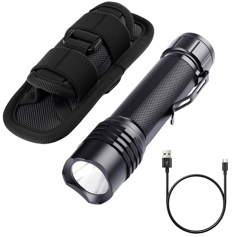 KunHe Tactical Flashlight High Lumens Rechargeable Duty Flashlight with Belt Holster Bright LED Police Flash Light with 4 Modes Long Lasting IPX7 Water Resistant for Security Camping and Emergency