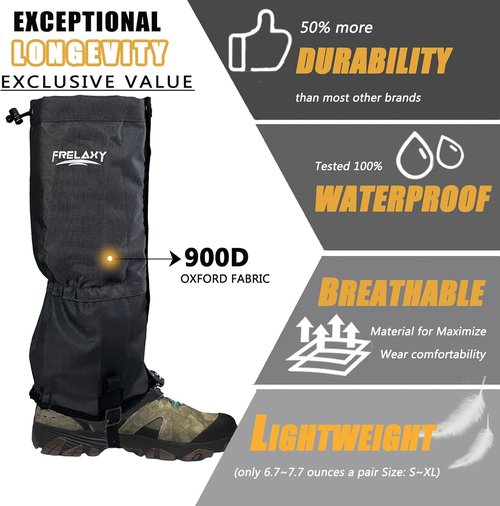 Frelaxy Ultra High-Performance Leg Gaiters - 100% Waterproof Hiking Gaiters with Adjustable Rubber Foot Strap