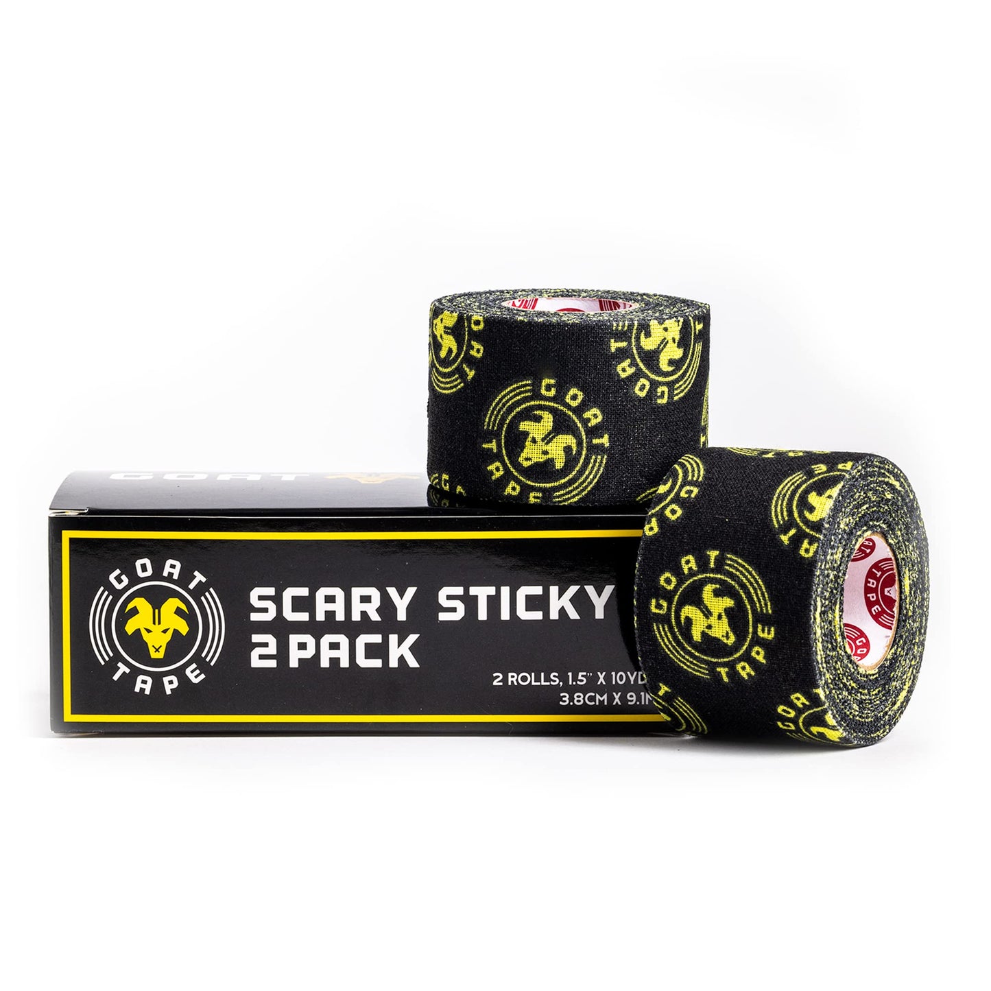 Scary Sticky Premium Athletic Tape, Ultra-Sticky Thumb, Finger & Wrist Tape for Weightlifting, Hook Grip & Cross Workout, Cotton, Latex-Free, 10 Yards, Black/Yellow, 2 Rolls