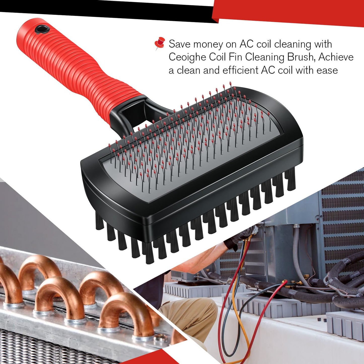 Ceoighe 2 Pack Advanced Coil Cleaning Fin Brush for AC Evaporator and Condenser, Effective Dual-Sided HVAC Coil Cleaner, Stainless Steel Pins & Soft Bristles, Prevent Build-Up, Easy AC Maintenance